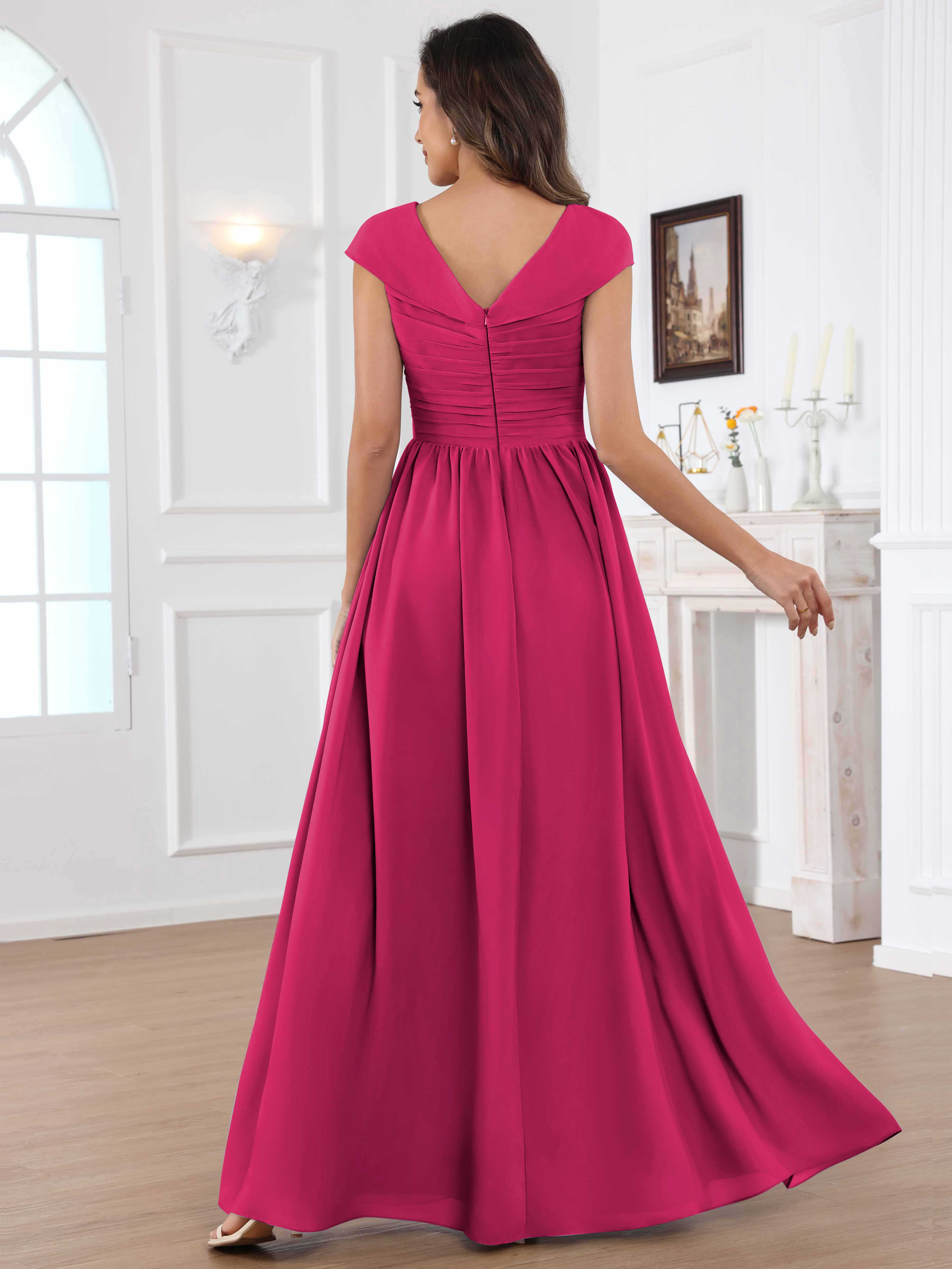 ROVDESY A-Line Cap Sleeves Pleated Chiffon Mother Of The Bride Dress