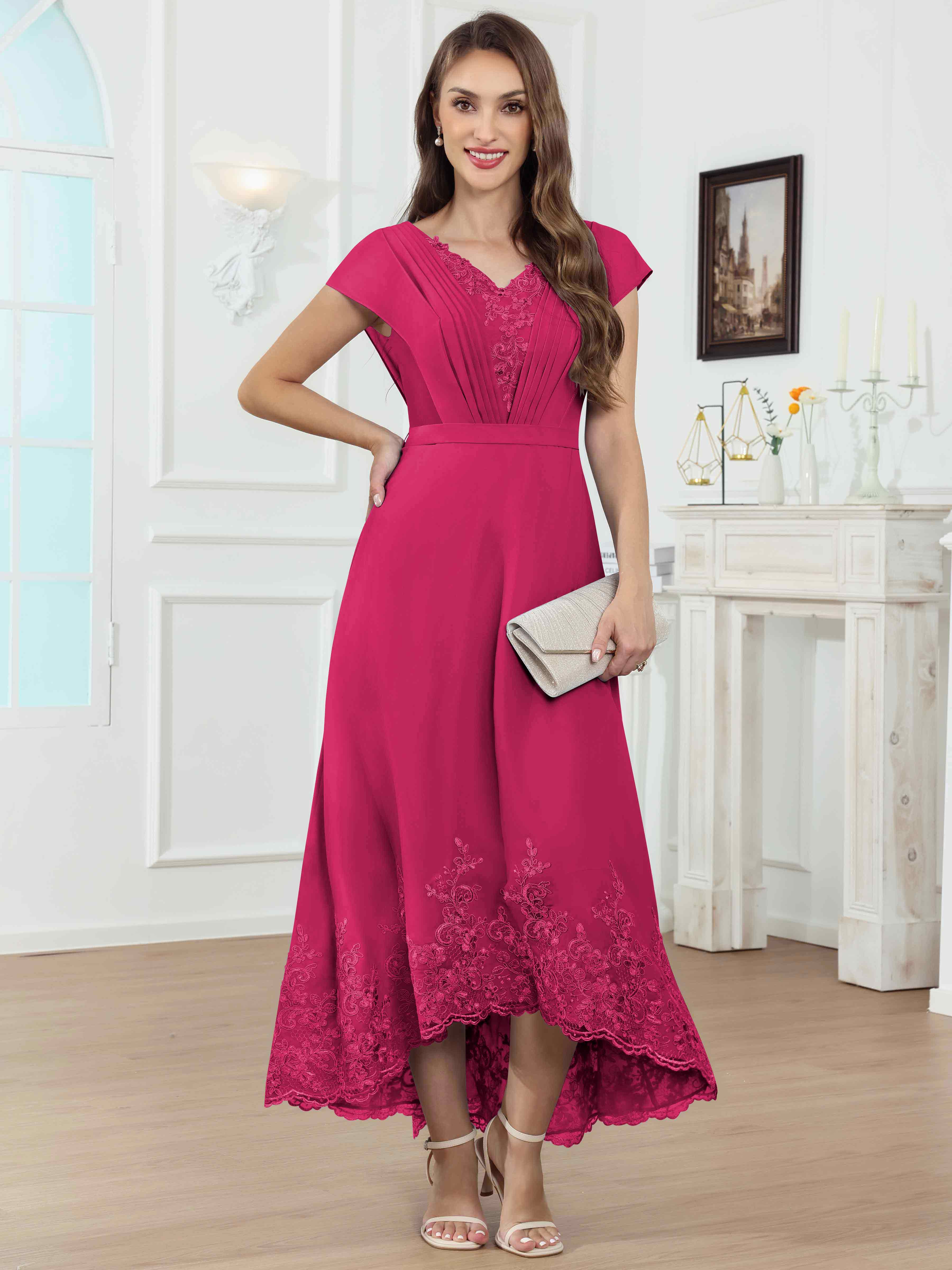 ROVDESY Tea Length High-Low V-Neck Ruched Lace Chiffon Mother of The Bride Dress for Women