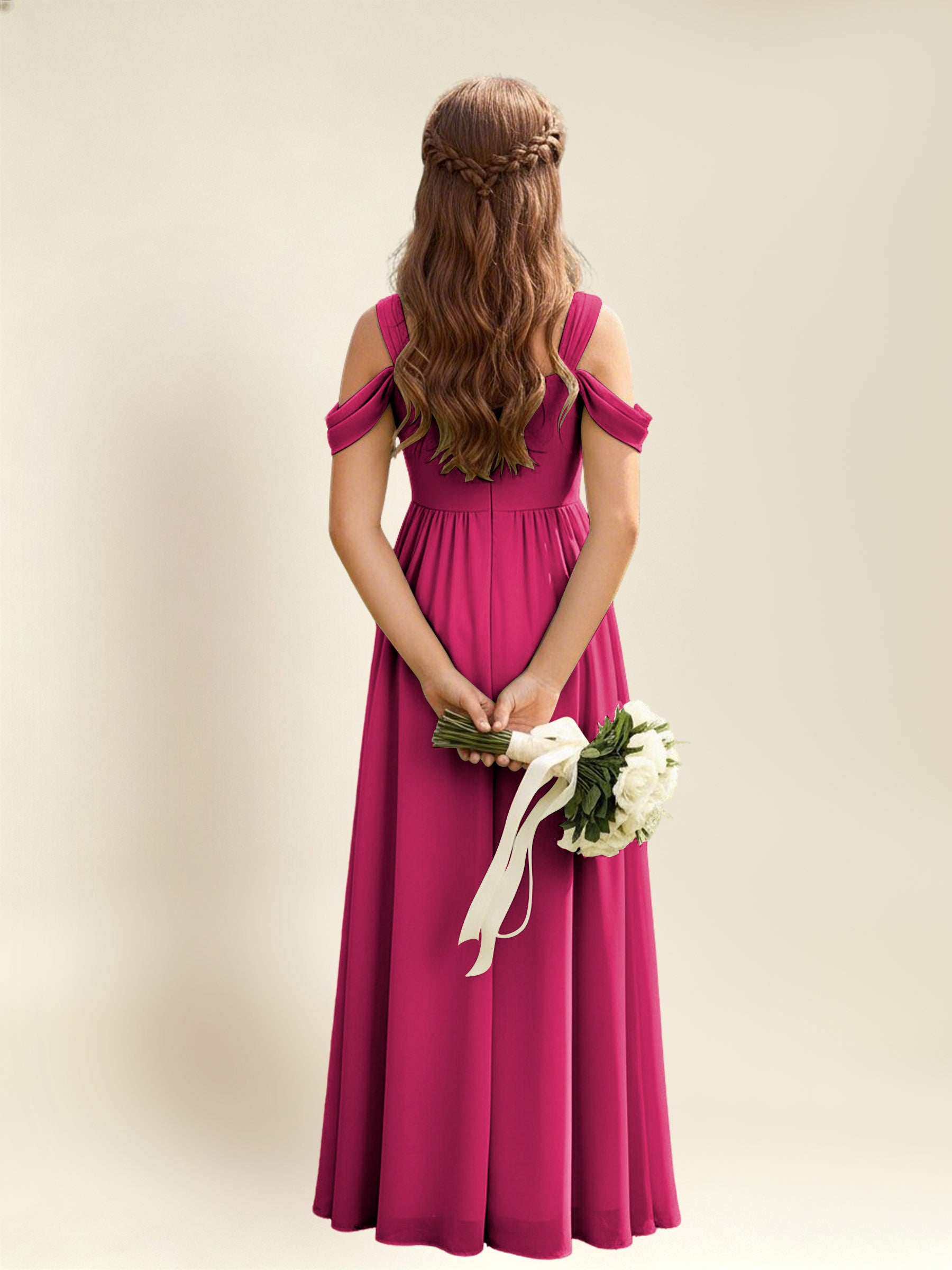 ROVDESY A-Line Off The Shoulder Pleated Chiffon Junior Bridesmaid Dress
