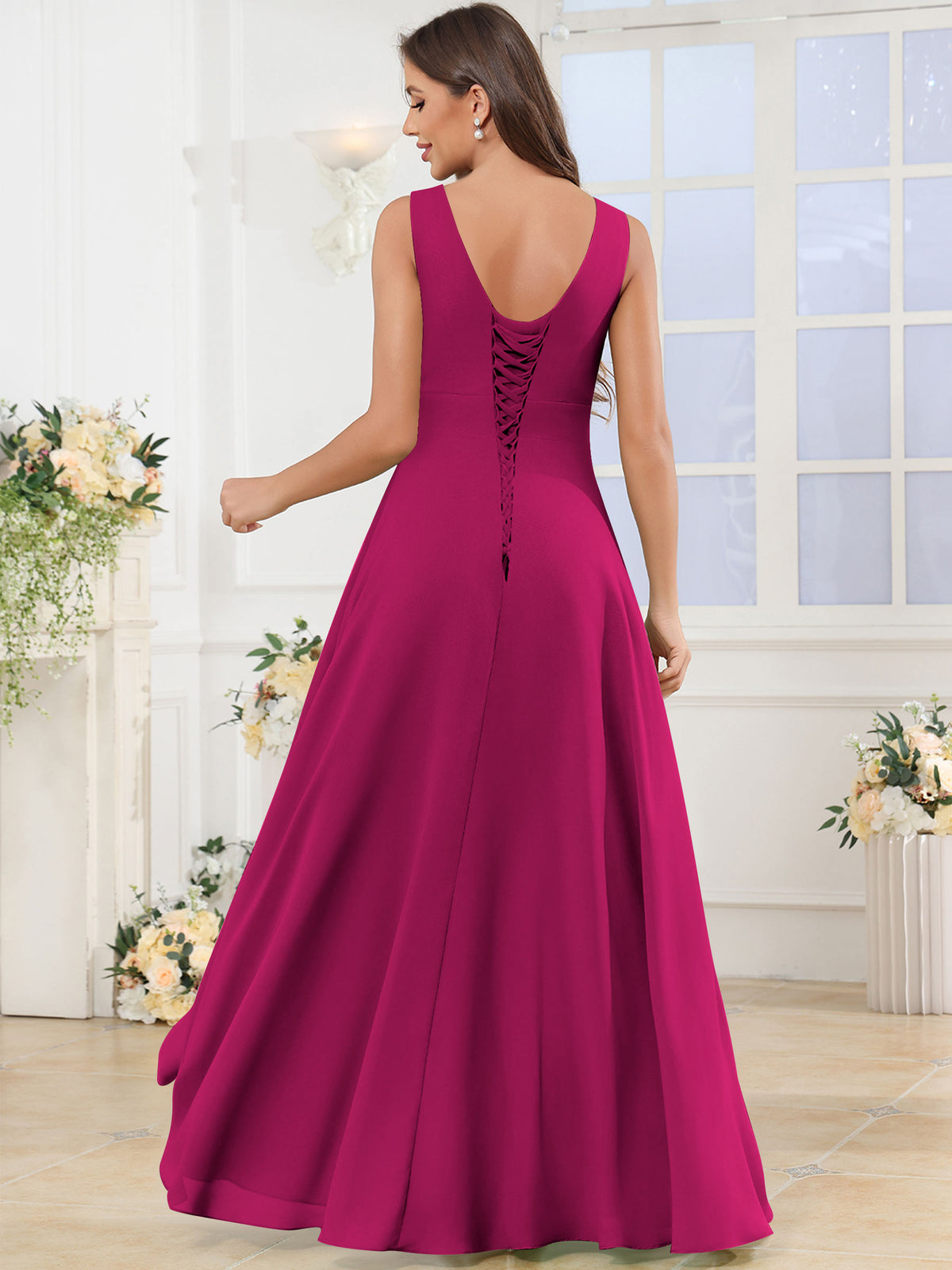 V Neck Chiffon A Line Ruffle Bridesmaid Dress with Slit