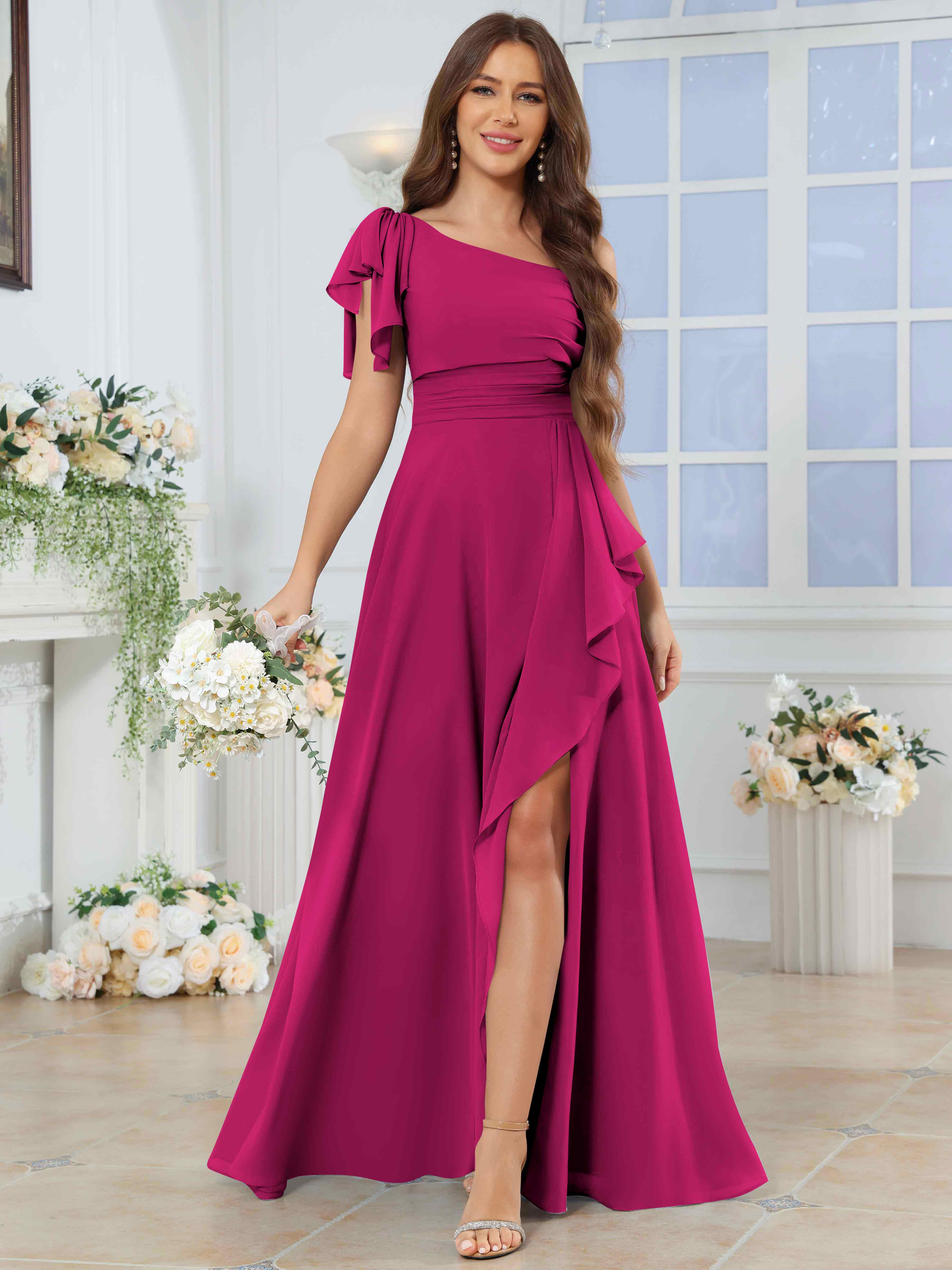 ROVDESY One Shoulder Pleated Ruffle Chiffon Bridesmaid Dress With Slit