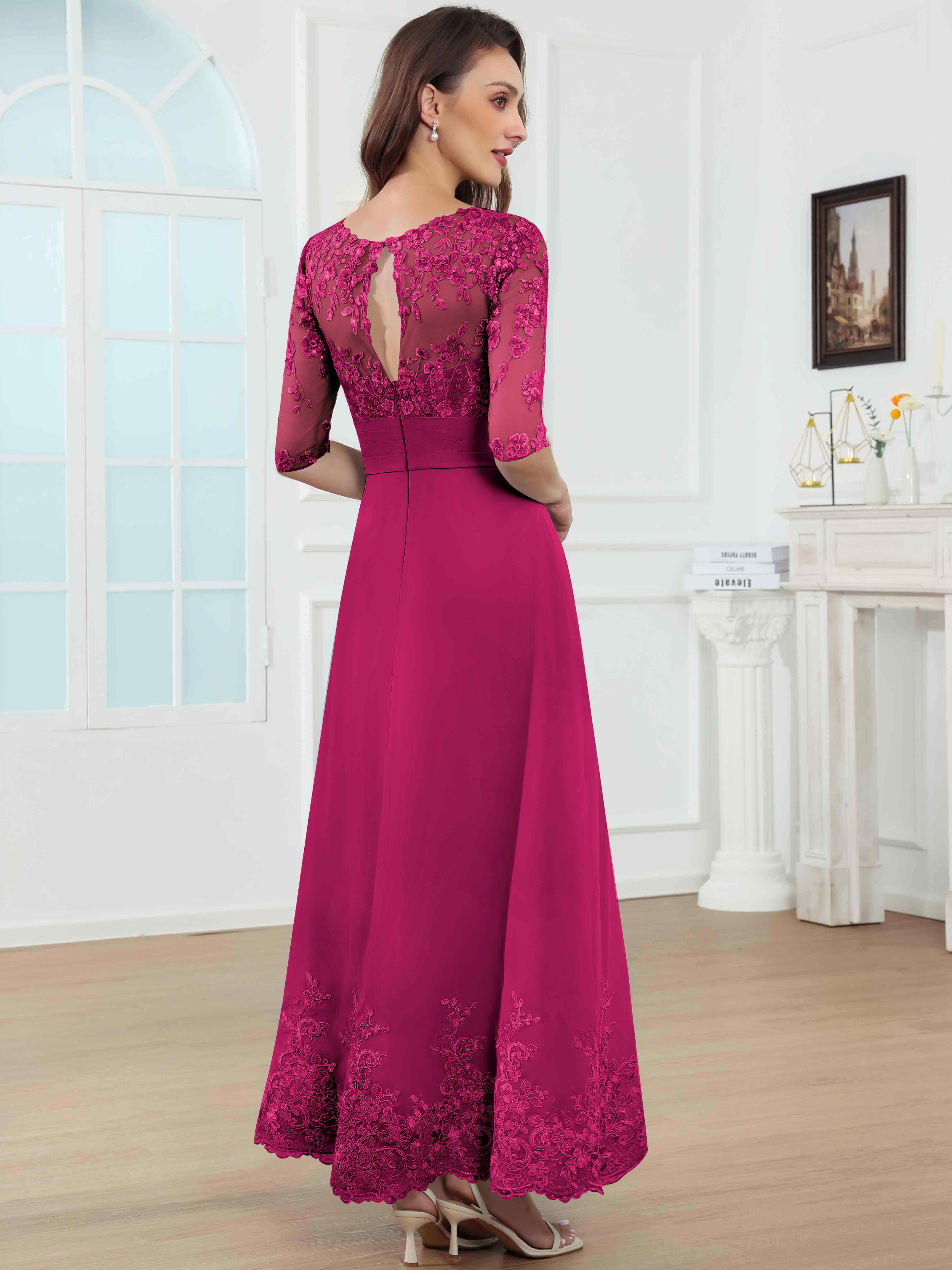 ROVDESY A-Line Lace Sequin Pleated Chiffon Mother Of The Bride Dress With Half Sleeves