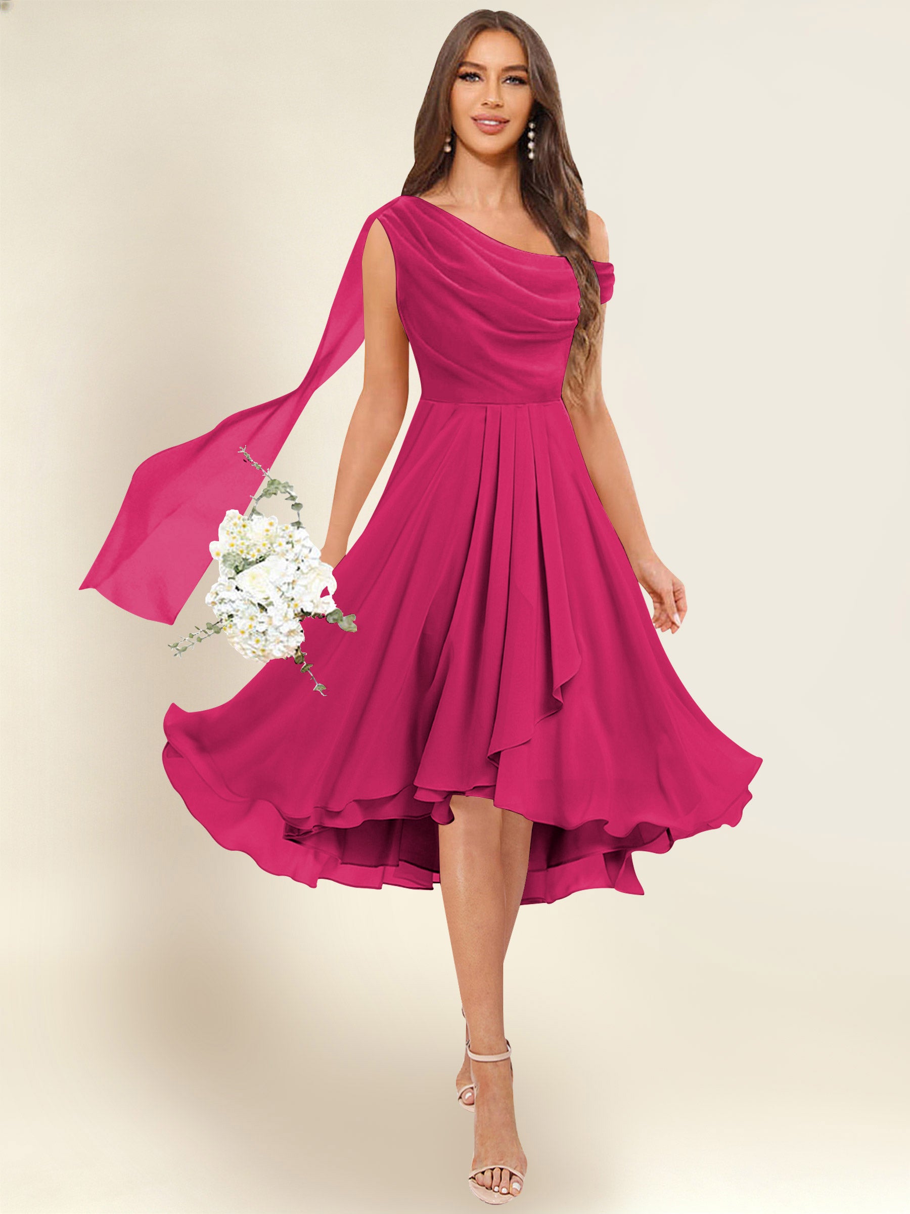 ROVDESY A-Line One Shoulder Pleated Chiffon Bridesmaid Dress With Flowing Sash