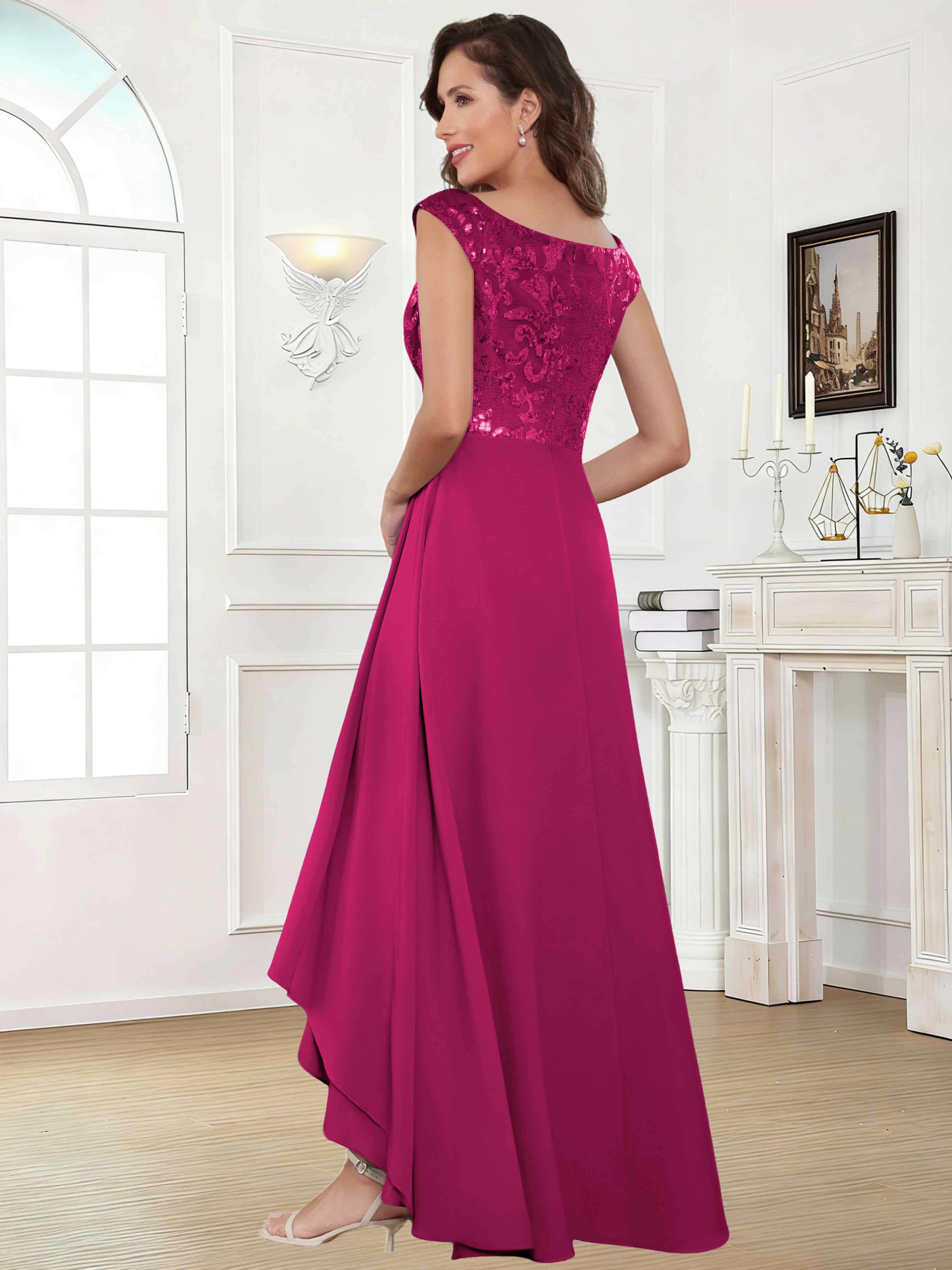 ROVDESY Tea Length Off-The-Shoulder Sequin Chiffon Mother Of The Bride Dress