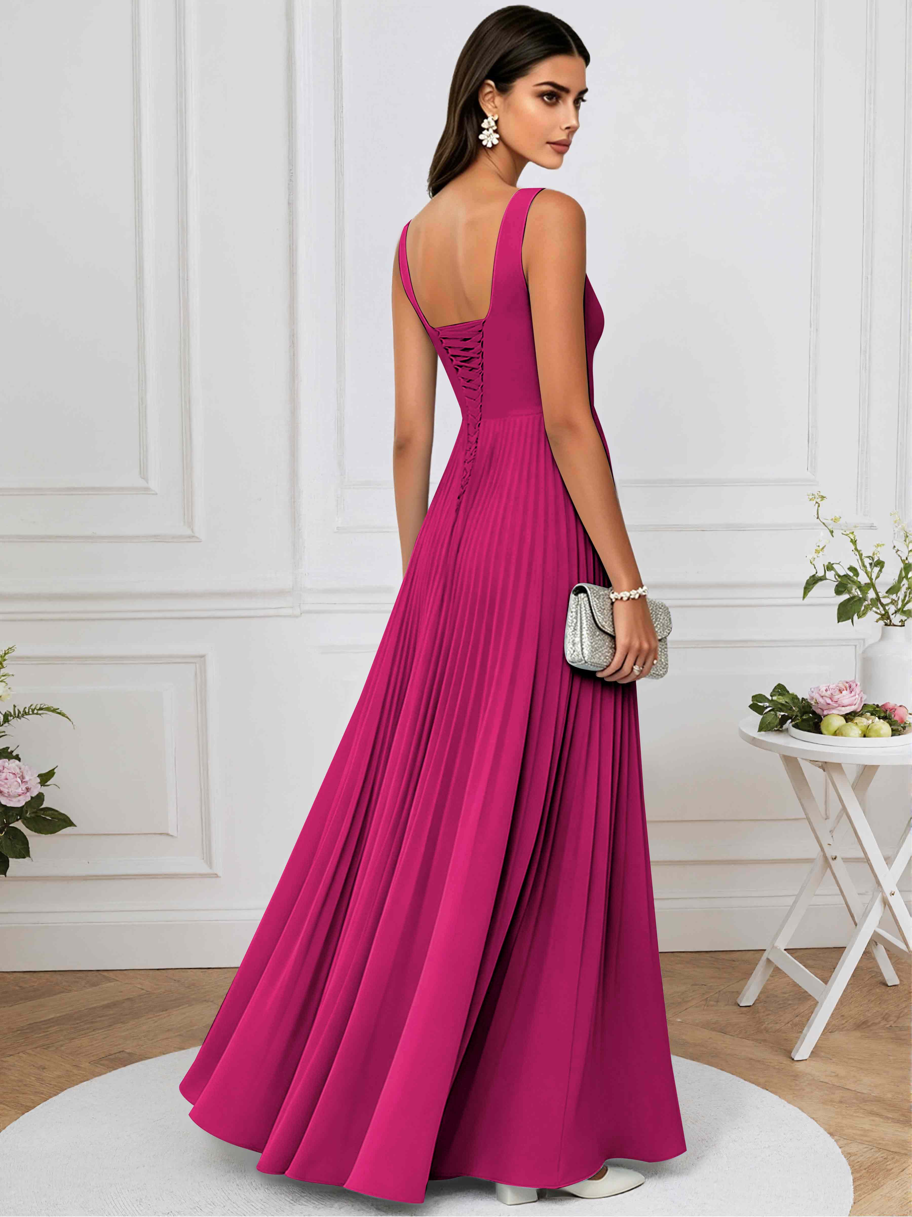 ROVDESY A-Line Square Neck Pleated Chiffon Long Bridesmaid/Prom Dress