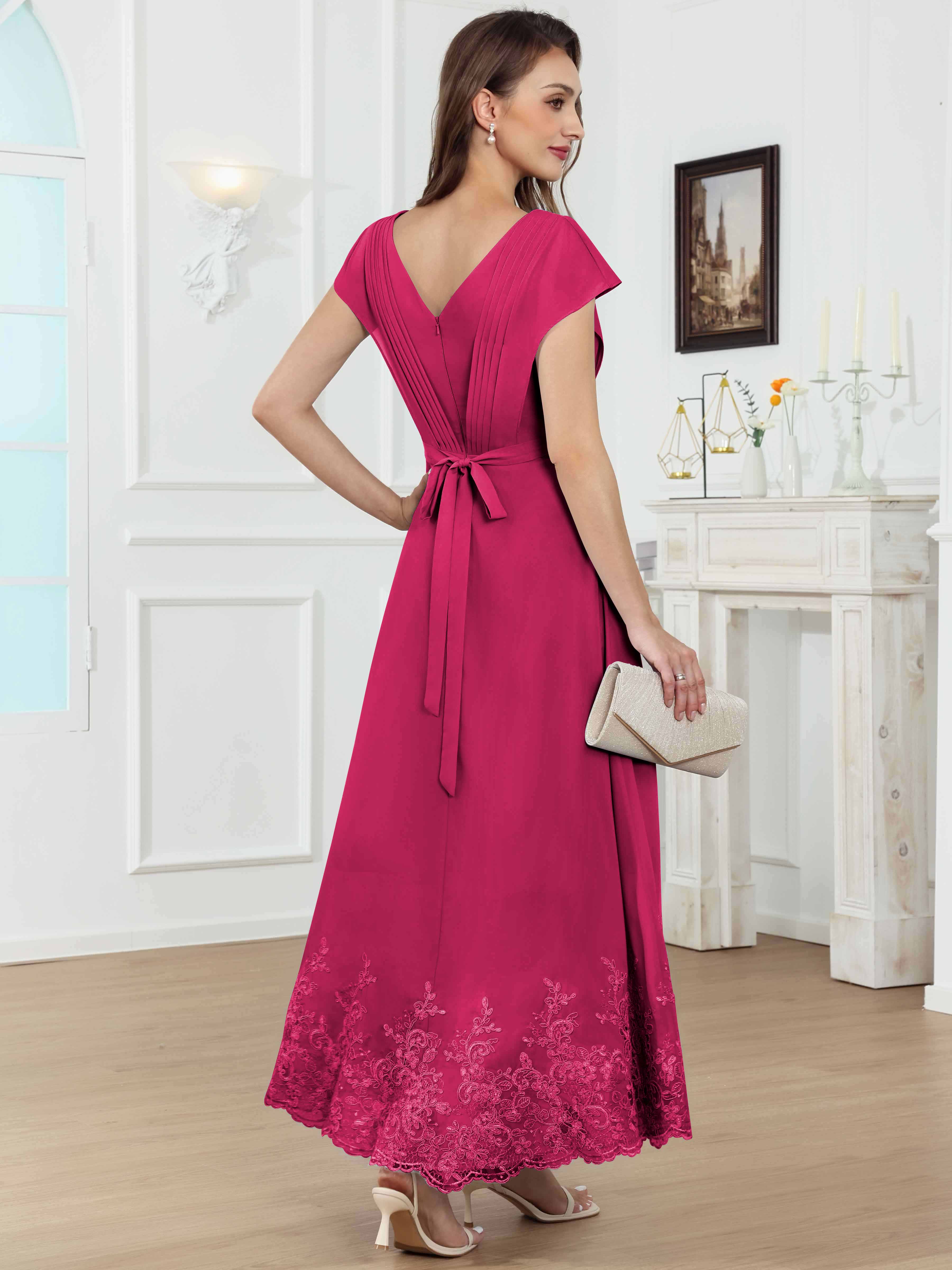 ROVDESY Tea Length High-Low V-Neck Ruched Lace Chiffon Mother of The Bride Dress for Women