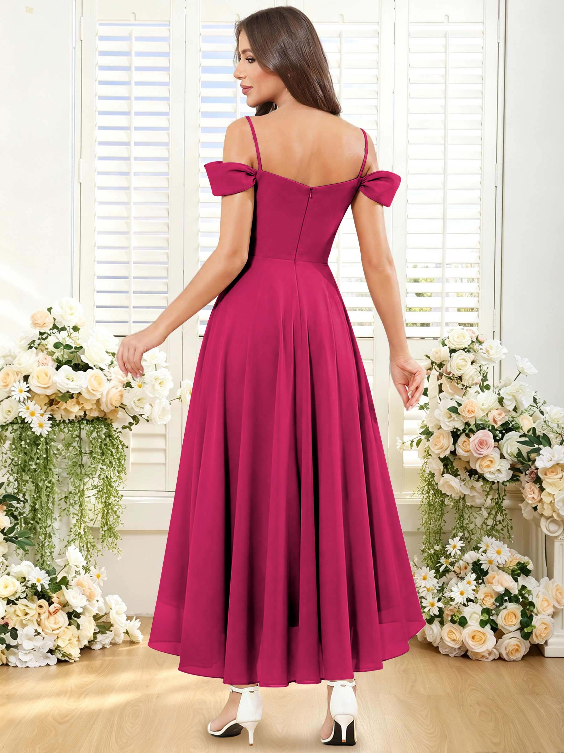 ROVDESY ROVDESY Short Cold Shoulder Sweetheart High Low Pleated Chiffon Bridesmaid Dress