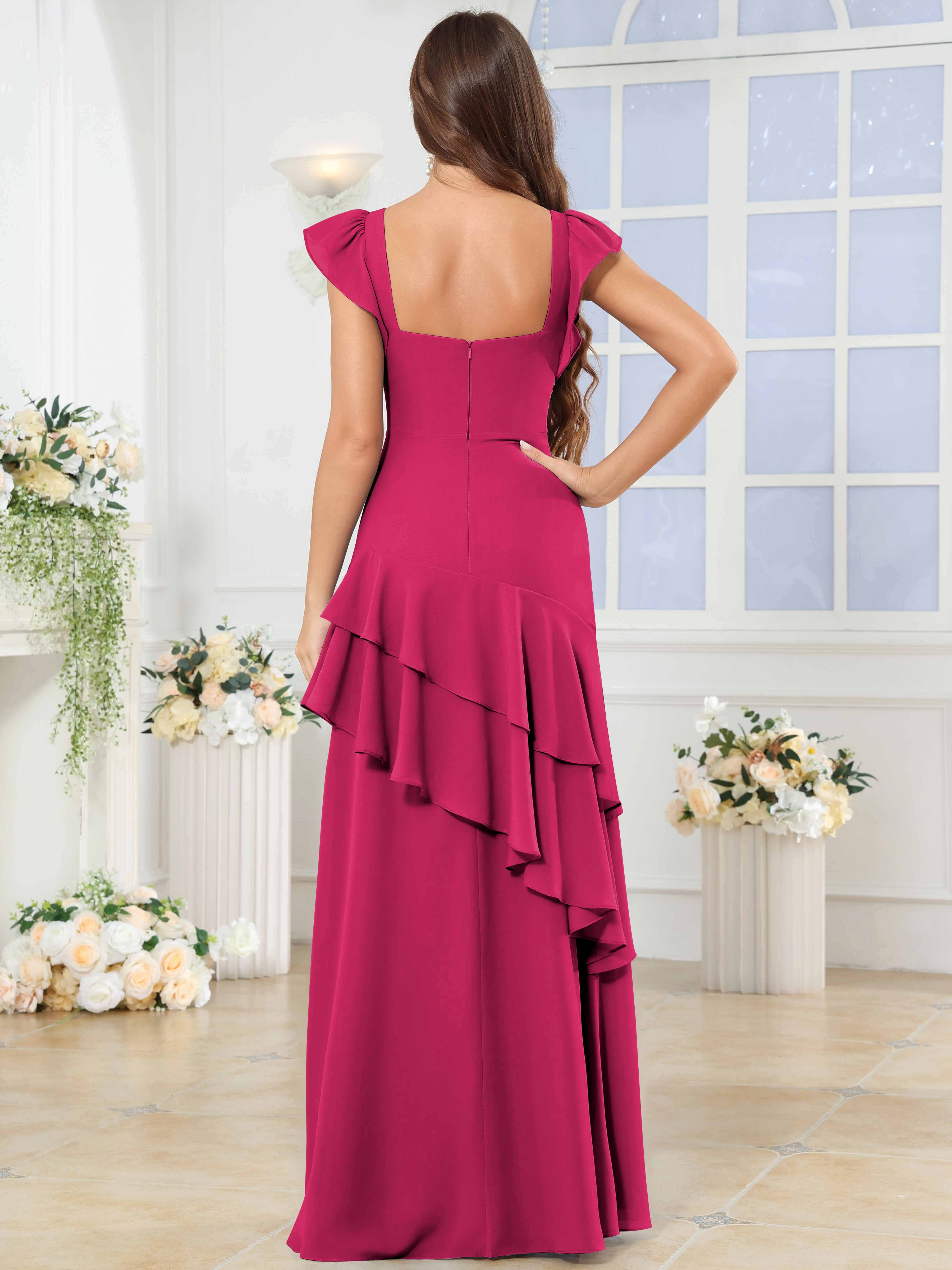 ROVDESY Sweetheart Tiered Ruffle Chiffon Bridesmaid Dress With Short Sleeves