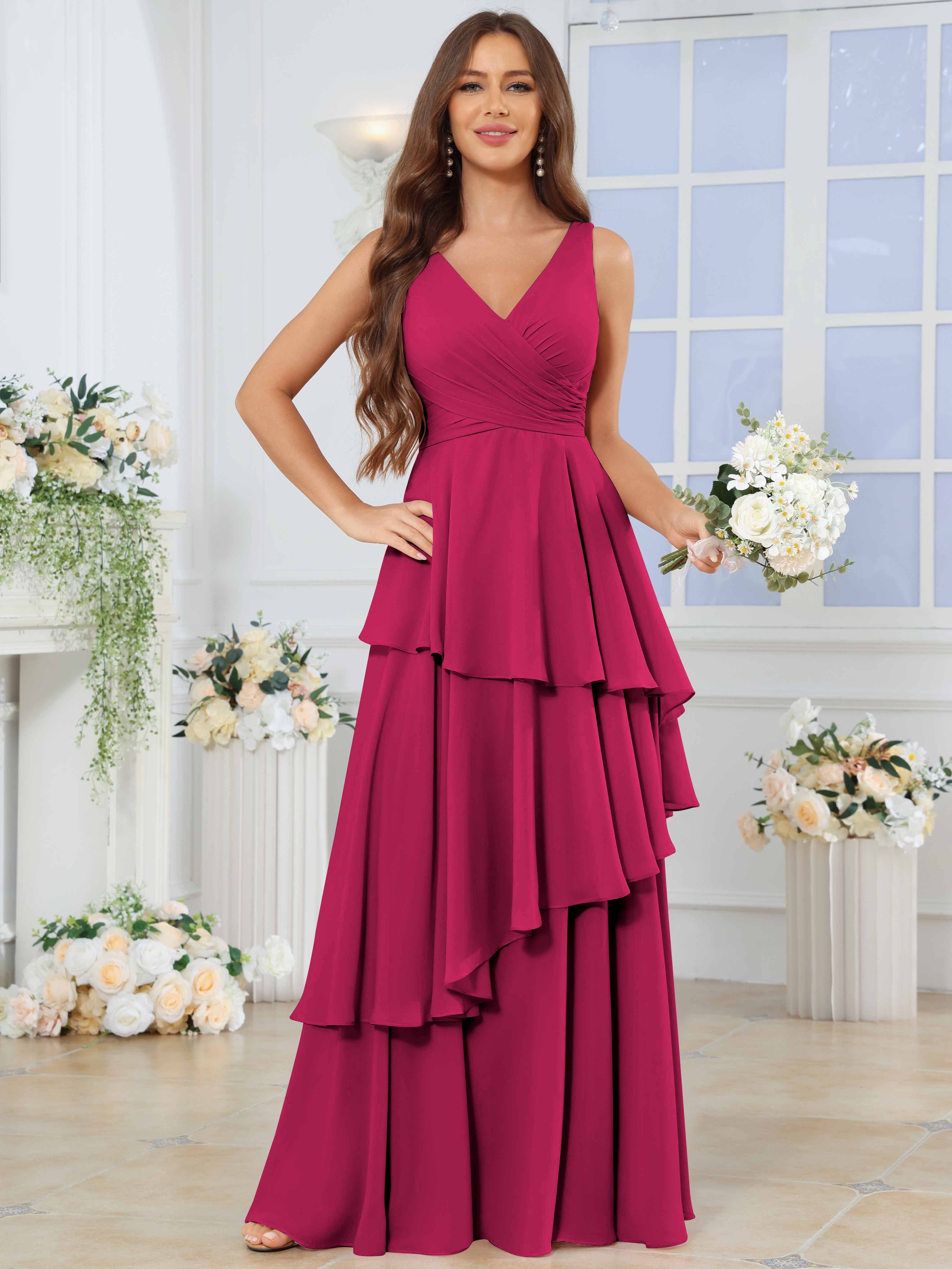 ROVDESY Long Sleeveless V-Neck Tiered Pleated Chiffon Bridesmaid Dress