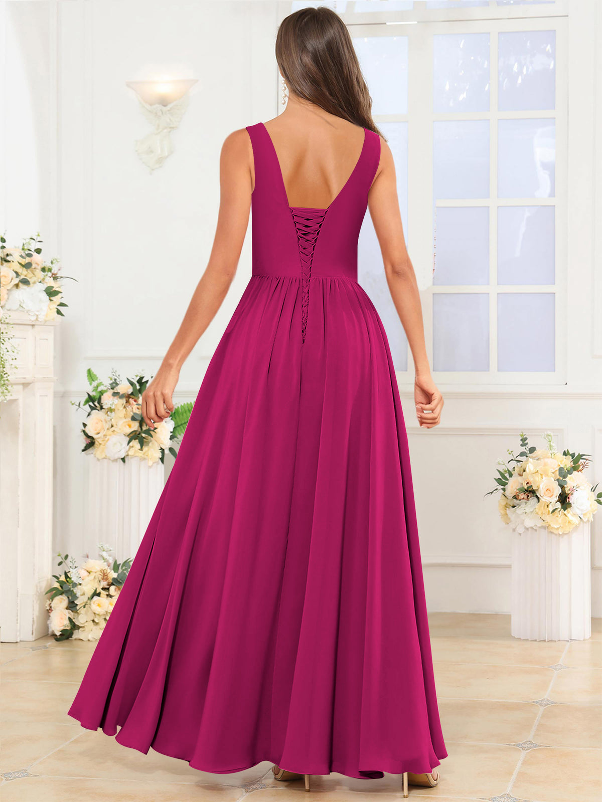 V Neck Chiffon A Line Bridesmaid Dress with Slit