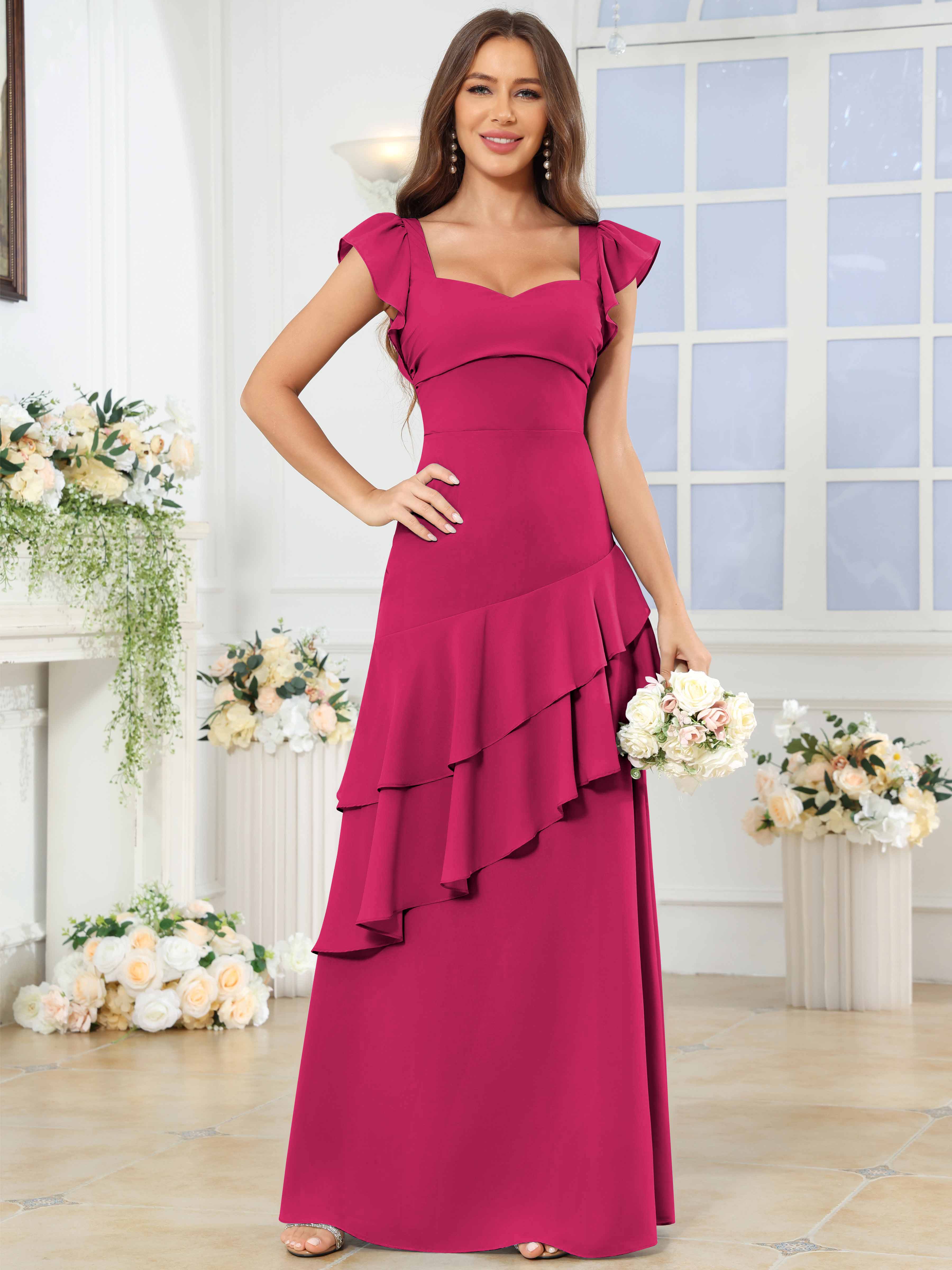 ROVDESY Sweetheart Tiered Ruffle Chiffon Bridesmaid Dress With Short Sleeves