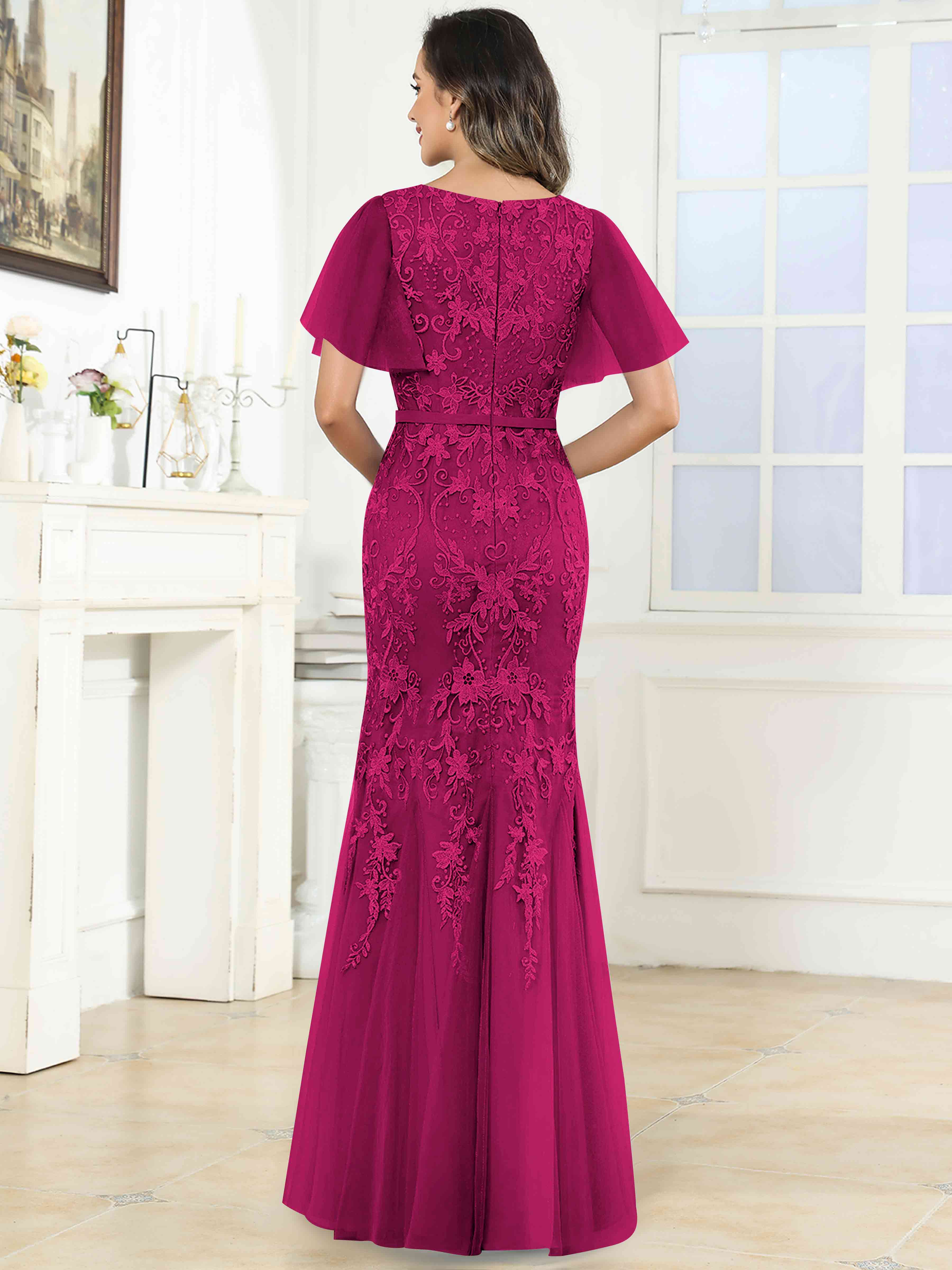 ROVDESY Elegant V-Neck Lace Mermaid Long Mother Of The Bride Dress Formal Gown With Sleeves