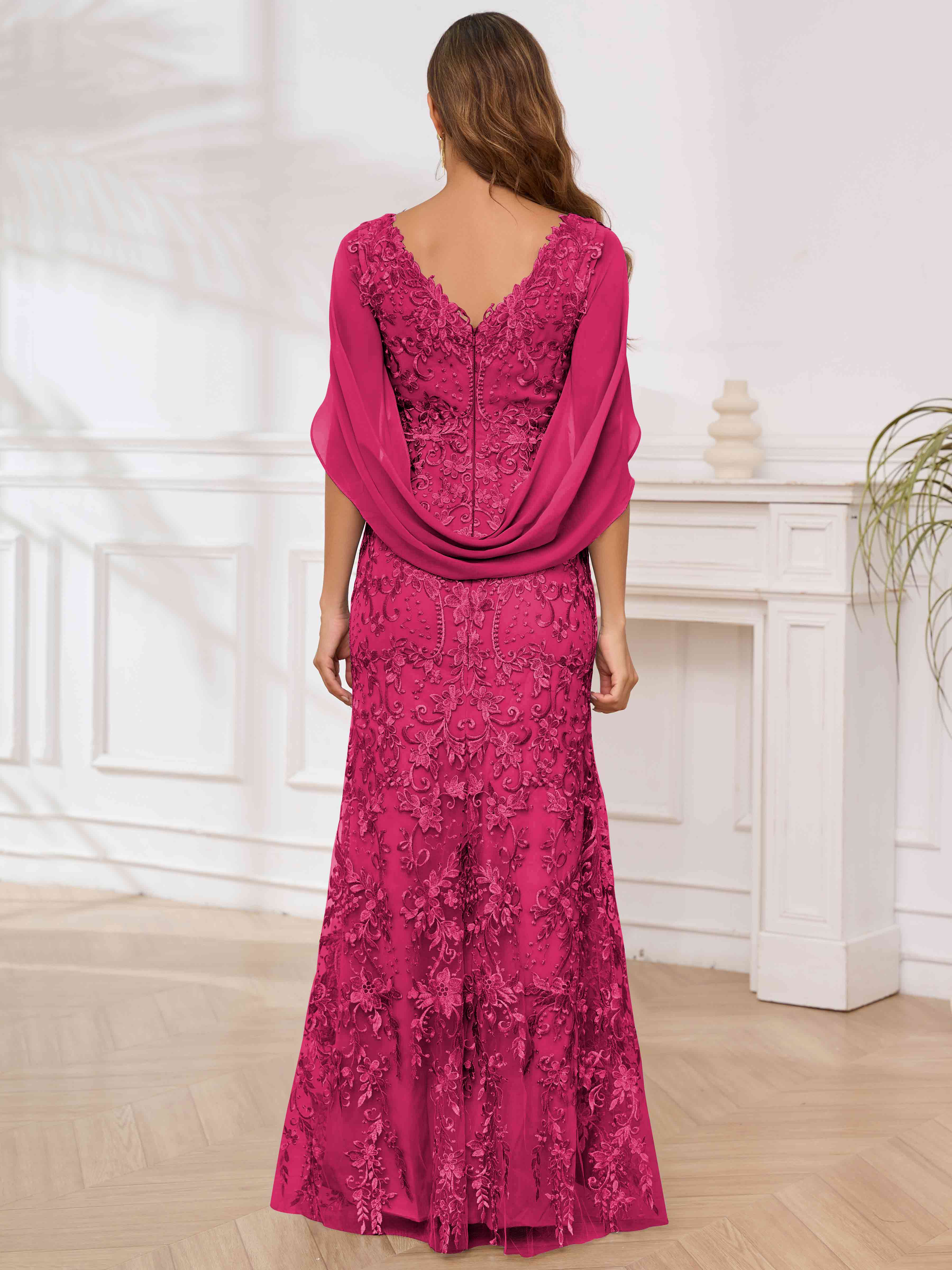 ROVDESY V-Neck Lace Mermaid Mother Of The Bride Dress With Cape Sleeves Long Formal Gown