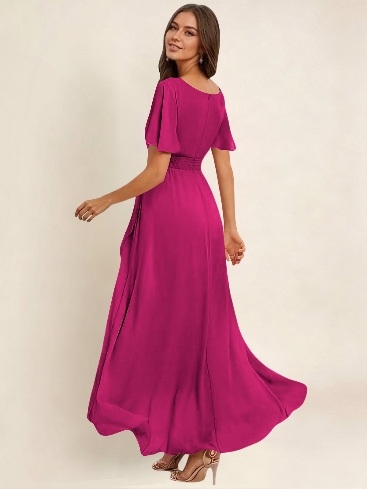 ROVDESY A-Line High Low Round Neck Pleated Ruffle Chiffon Bridesmaid Dress With Short Sleeves