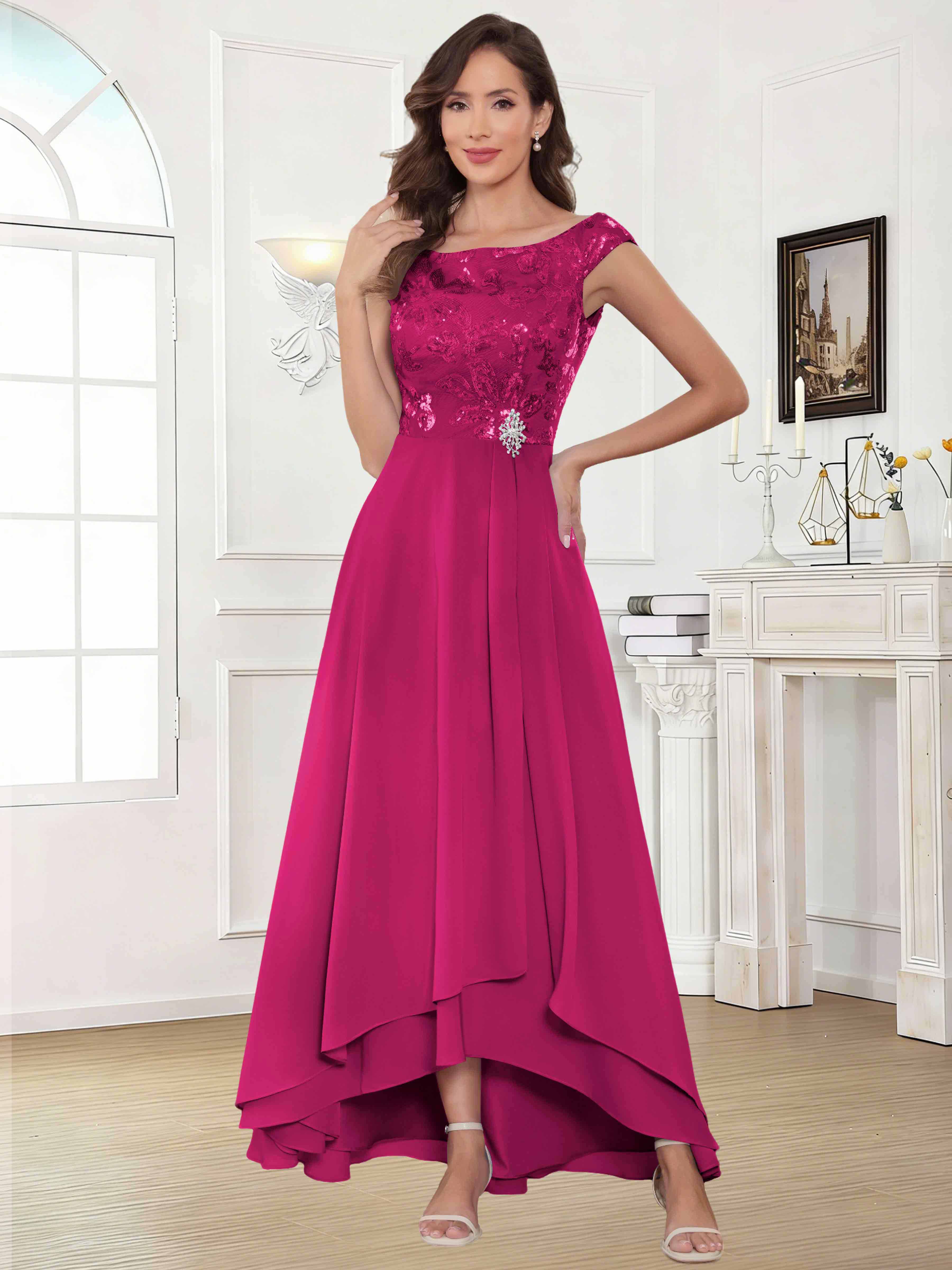 ROVDESY Tea Length Off-The-Shoulder Sequin Chiffon Mother Of The Bride Dress
