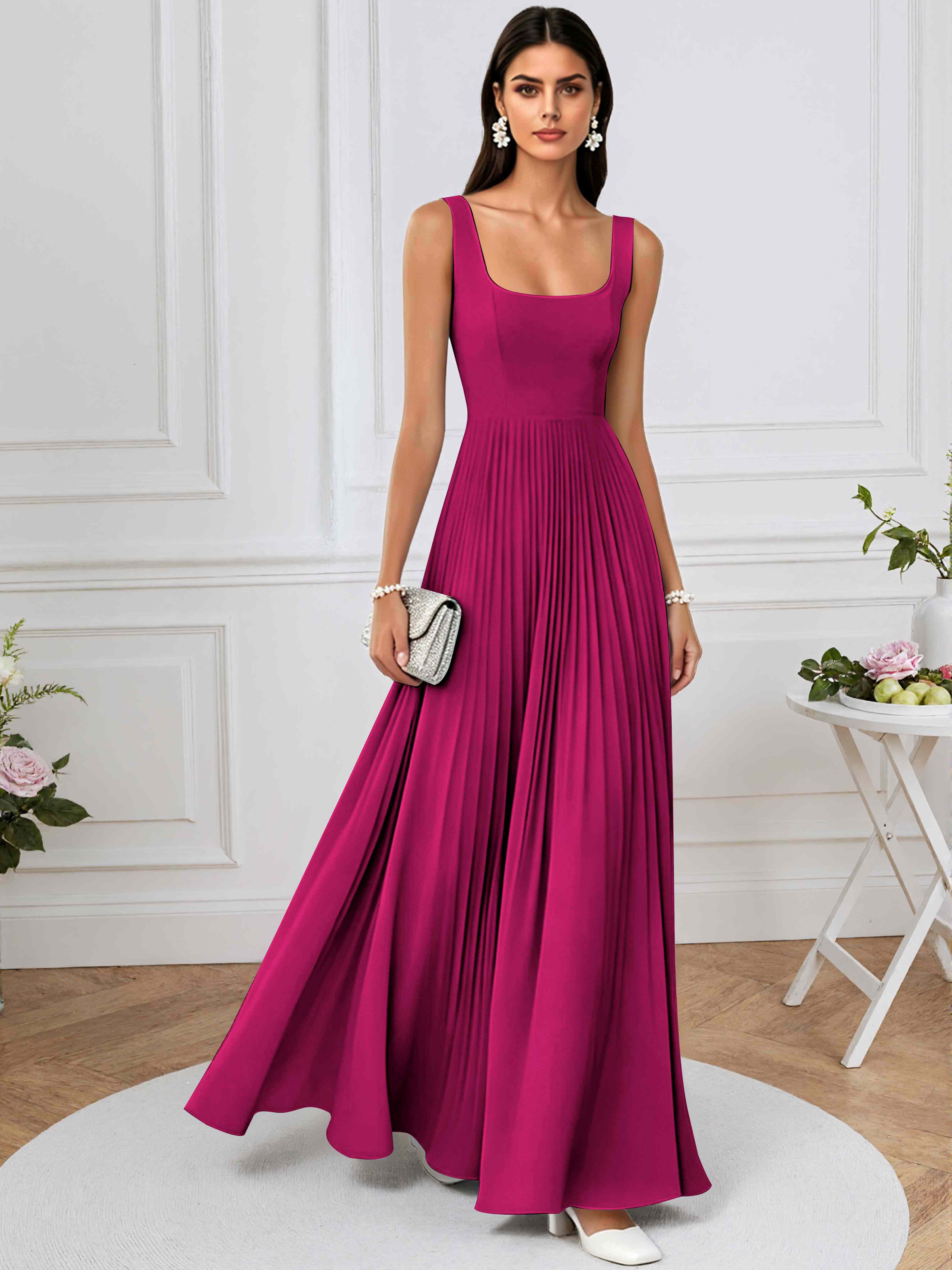 ROVDESY A-Line Square Neck Pleated Chiffon Long Bridesmaid/Prom Dress