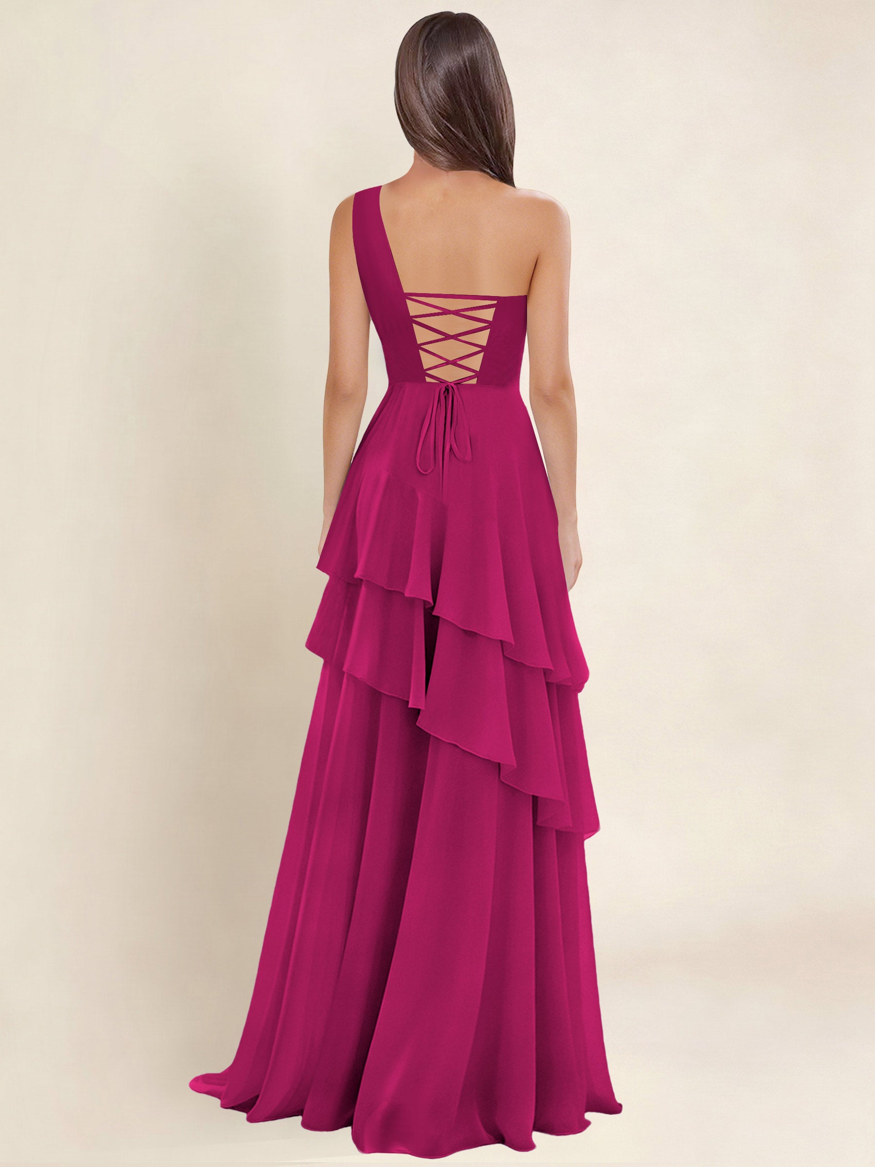 ROVDESY A-Line One Shoulder Pleated Tiered Chiffon Bridesmaid Dress