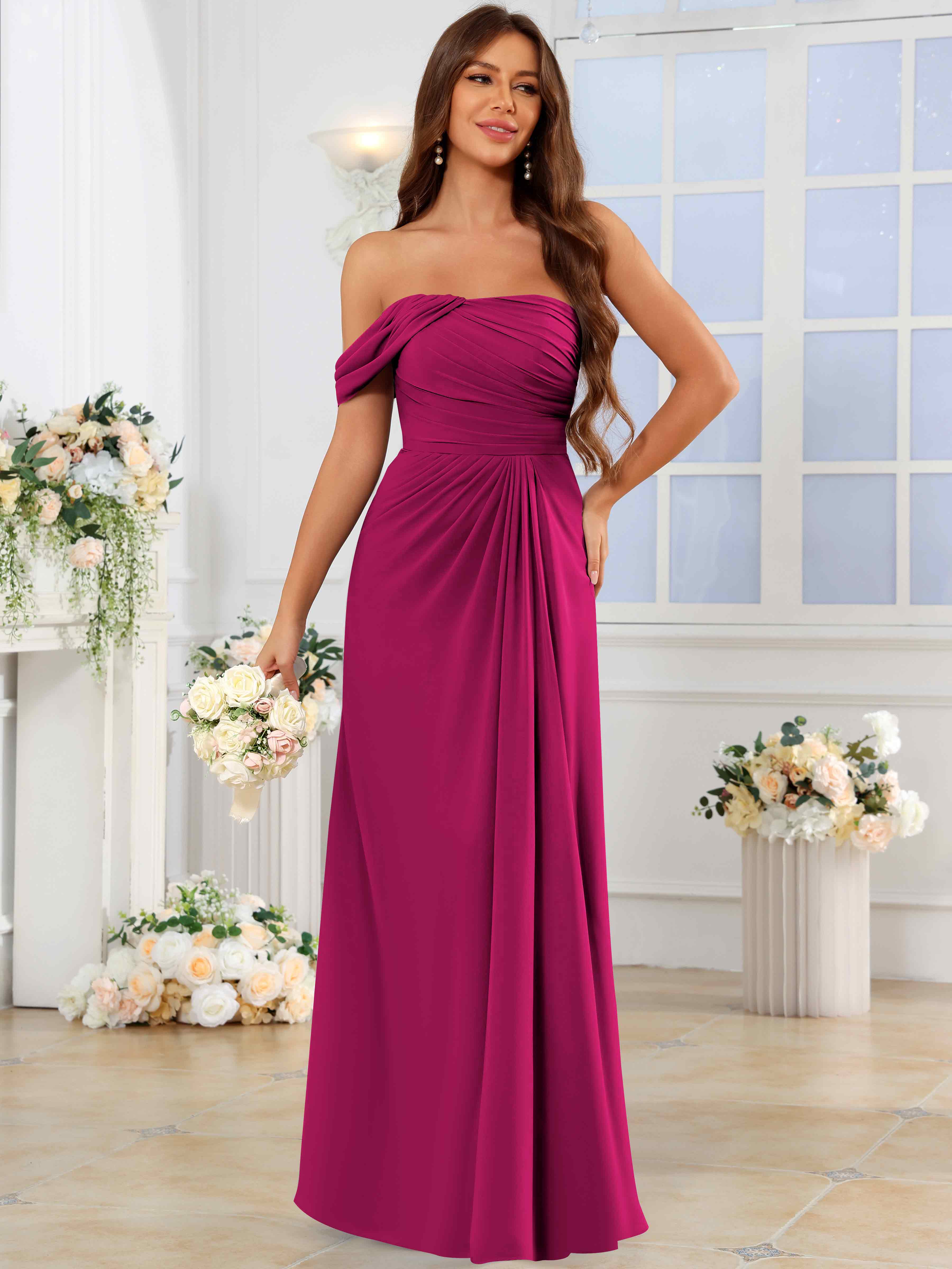 ROVDESY One Shoulder Off The Shoulder Pleated Chiffon Bridesmaid Dress