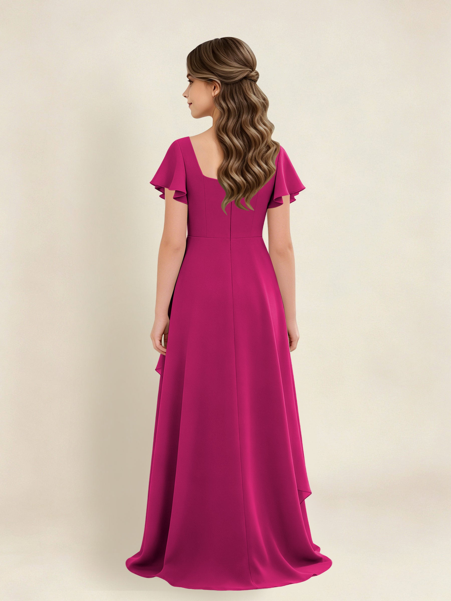 ROVDESY A-Line Square Neck Ruffle Chiffon Junior Bridesmaid Dress With Short Sleeves