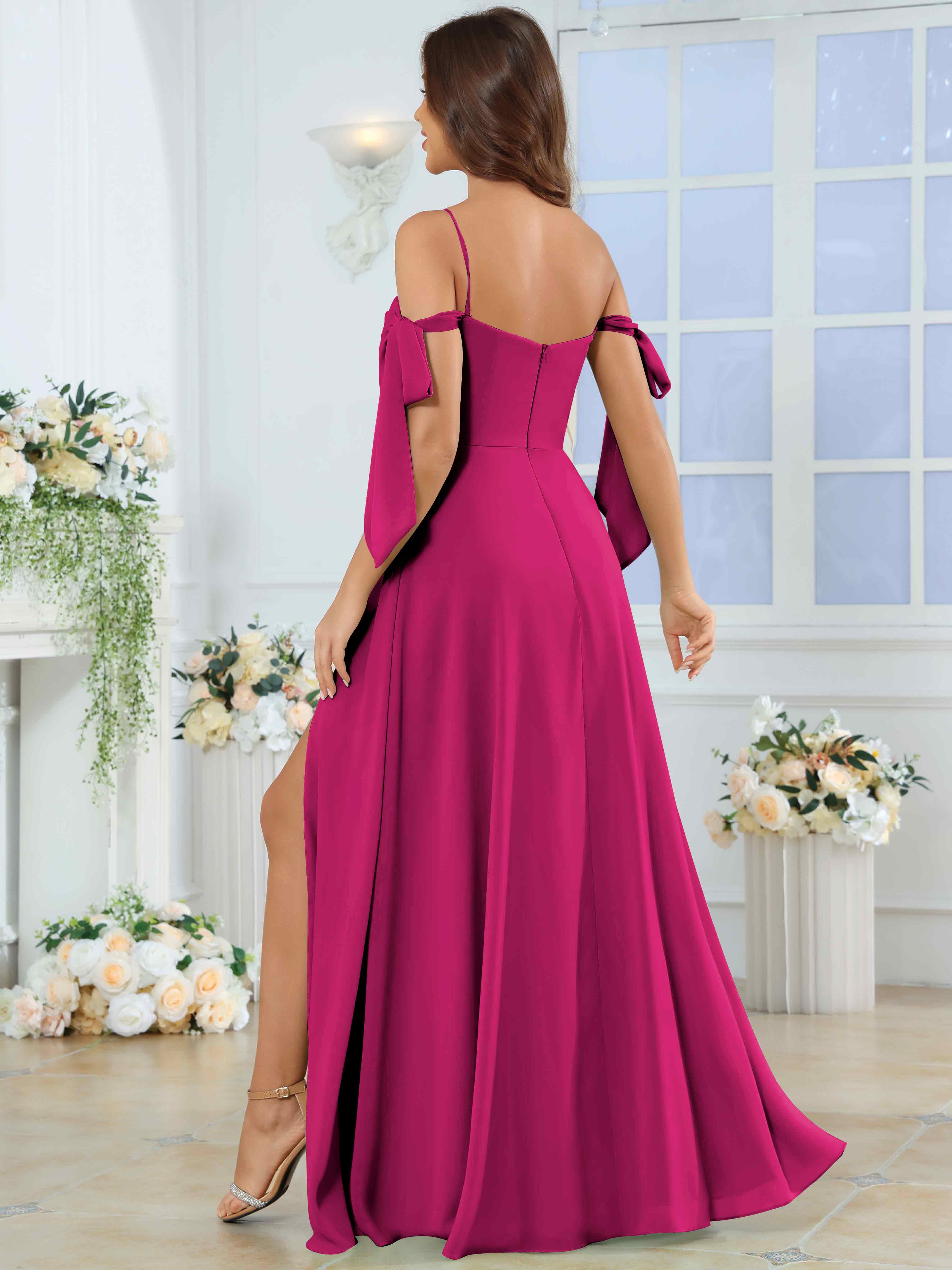 ROVDESY Spaghetti Strap Pleated Ruffle Slit Chiffon Bridesmaid Dress With Bow Sleeves