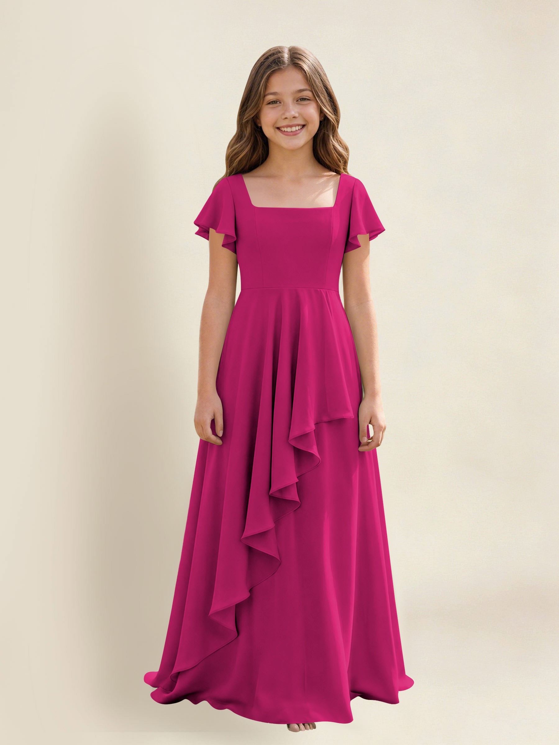 ROVDESY A-Line Square Neck Ruffle Chiffon Junior Bridesmaid Dress With Short Sleeves
