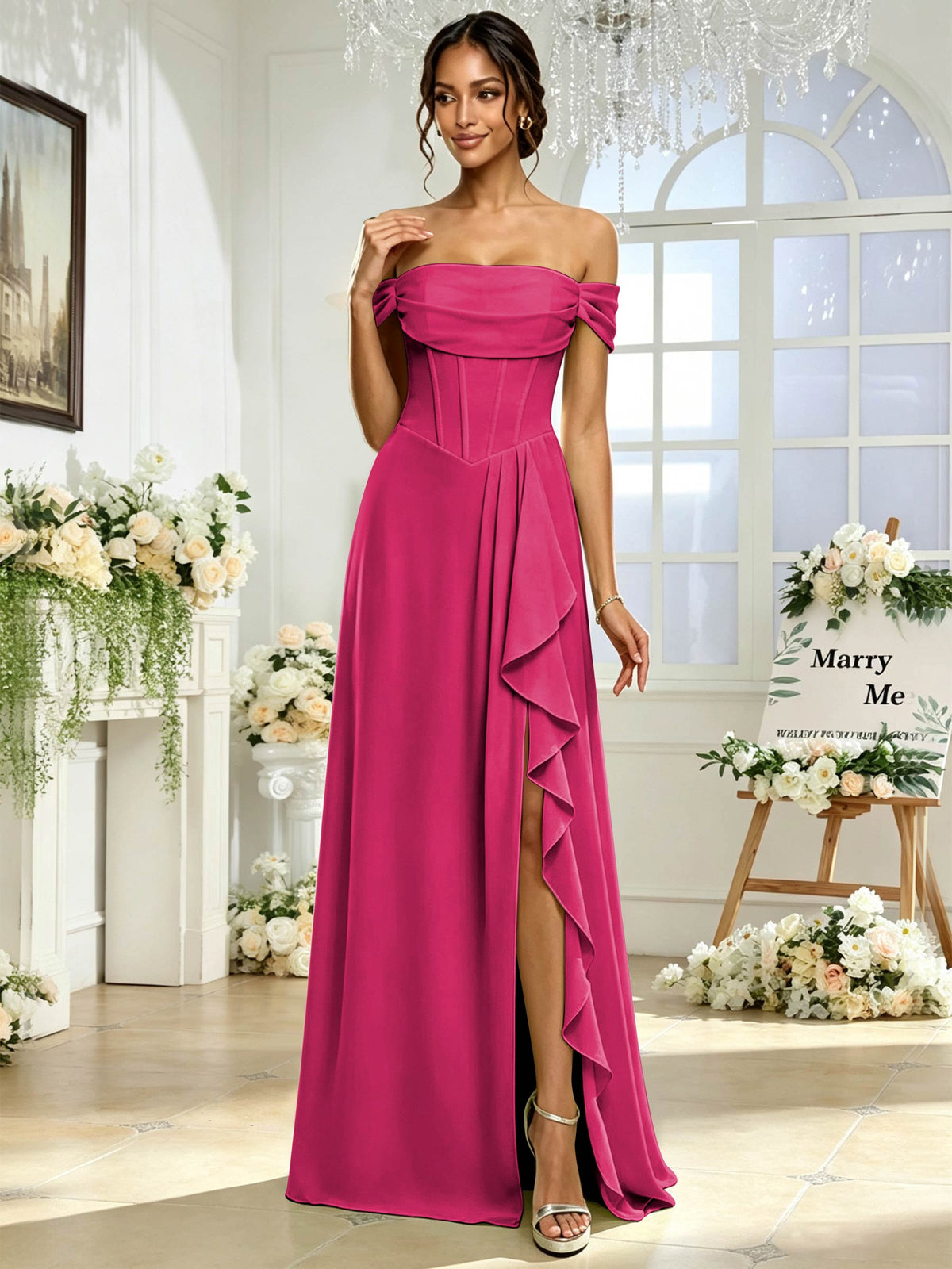 Off the Shoulder Chiffon A Line Long Bridesmaid Dress with Slit