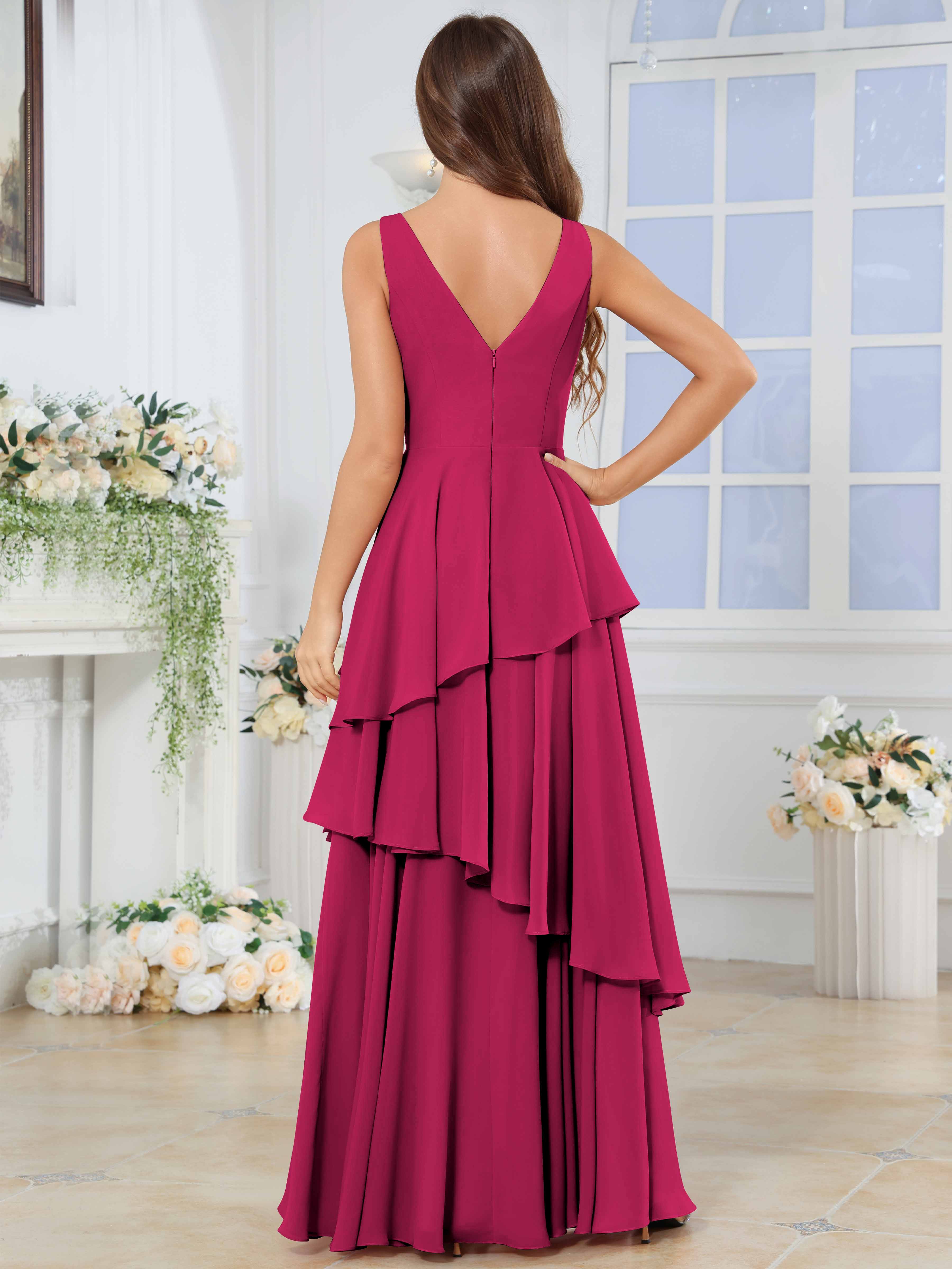 ROVDESY Long Sleeveless V-Neck Tiered Pleated Chiffon Bridesmaid Dress