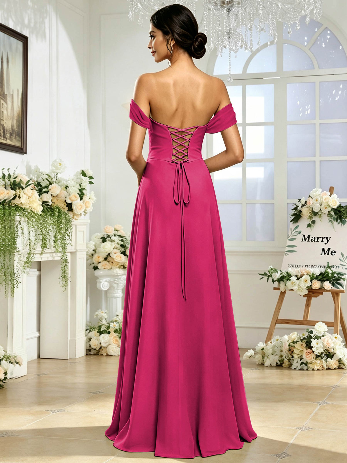 Off the Shoulder Chiffon A Line Long Bridesmaid Dress with Slit