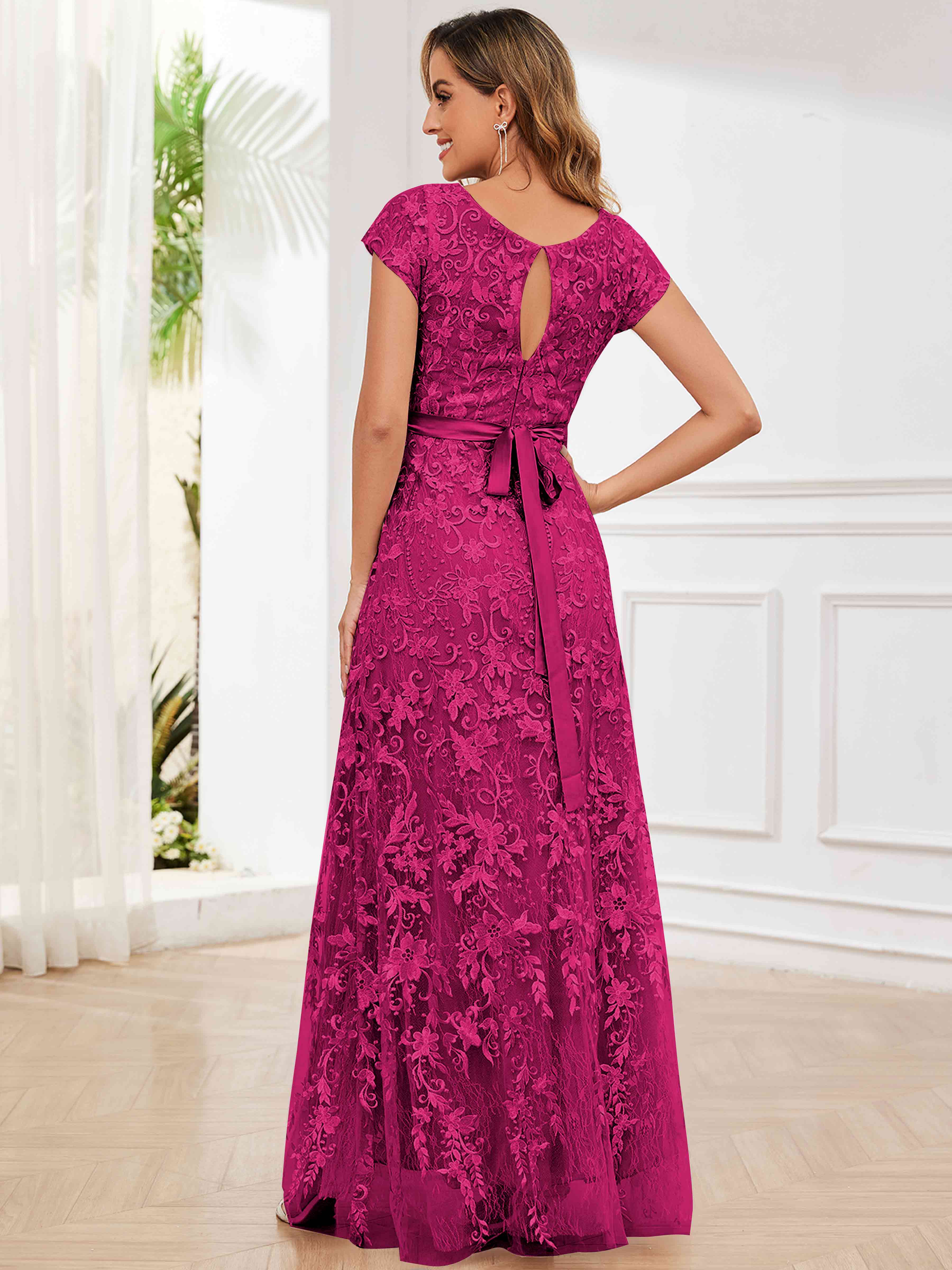 ROVDESY Elegant Lace Mother Of The Bride Dress With Short Sleeves Formal Gown