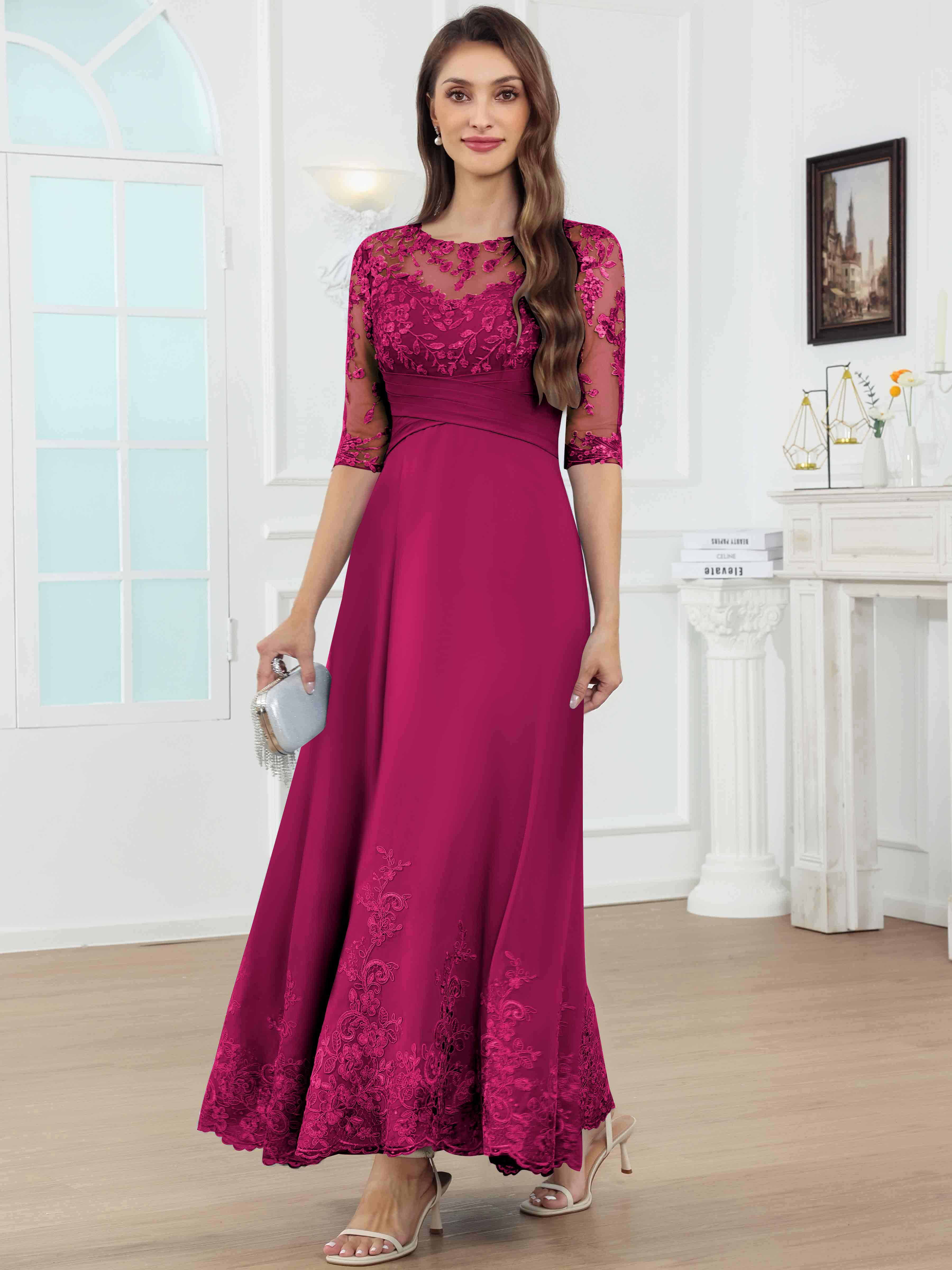 ROVDESY A-Line Lace Sequin Pleated Chiffon Mother Of The Bride Dress With Half Sleeves
