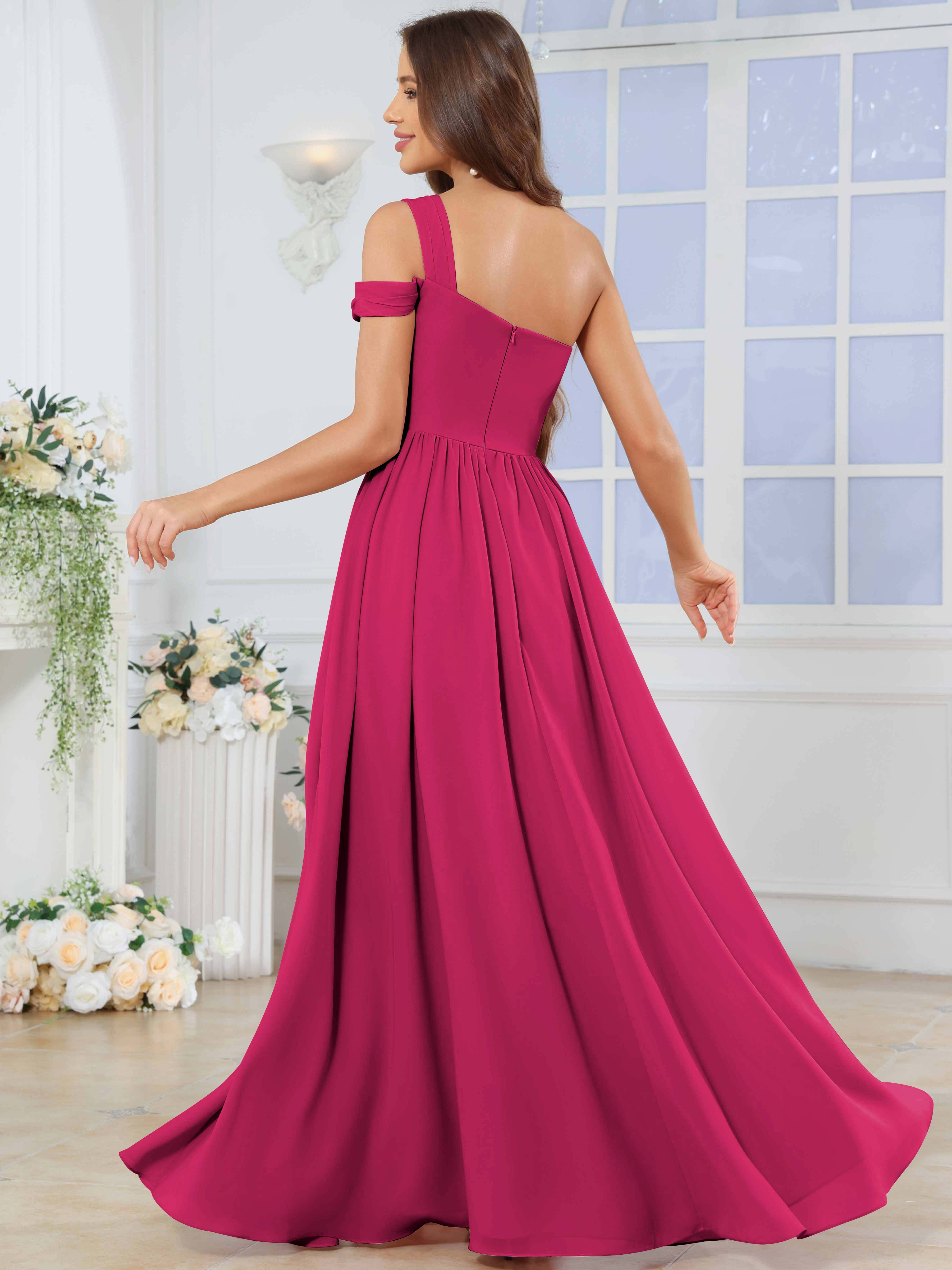 ROVDESY One Shoulder Pleated Chiffon Bridesmaid Dress With Slit