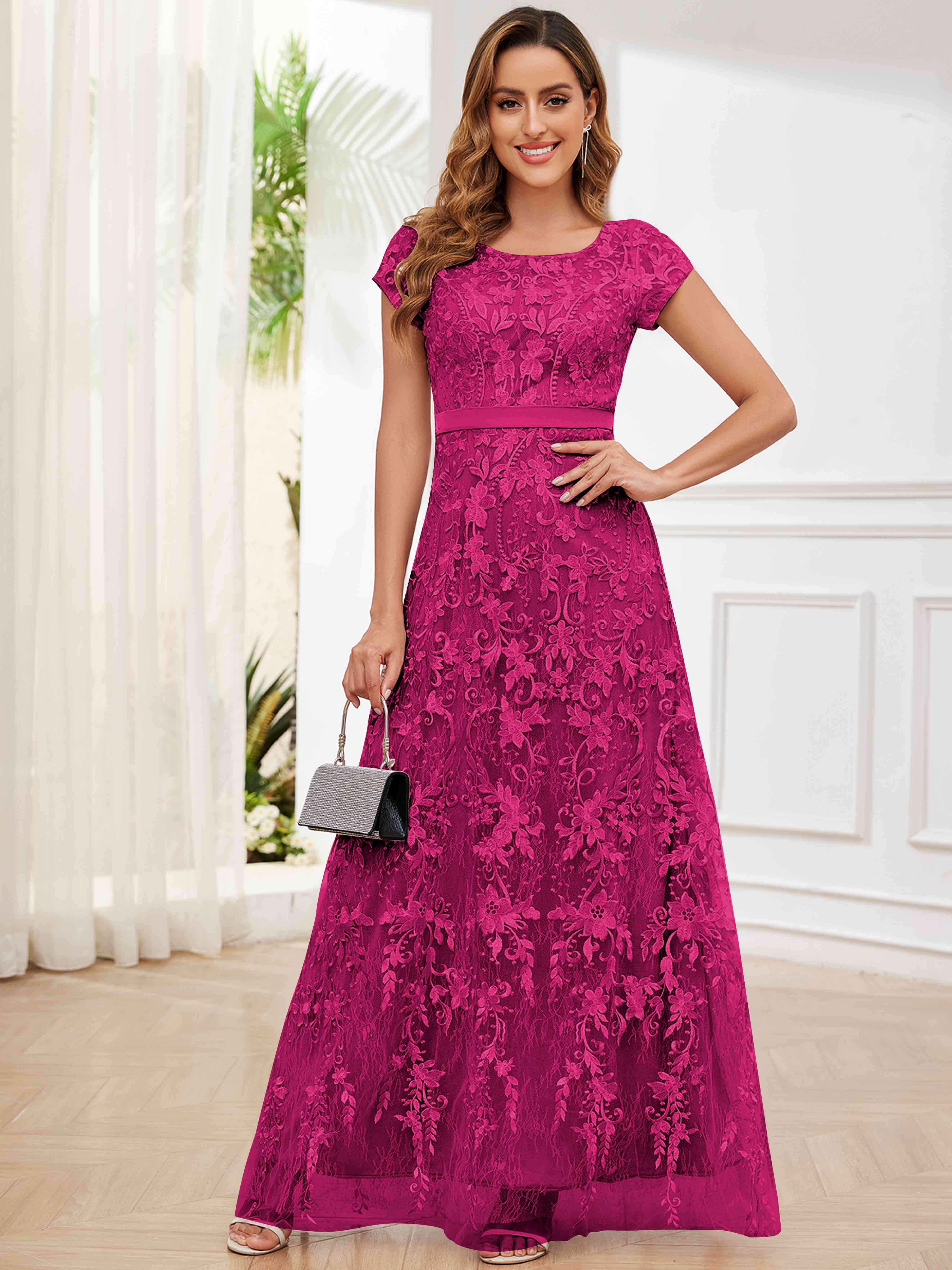 ROVDESY Elegant Lace Mother Of The Bride Dress With Short Sleeves Formal Gown