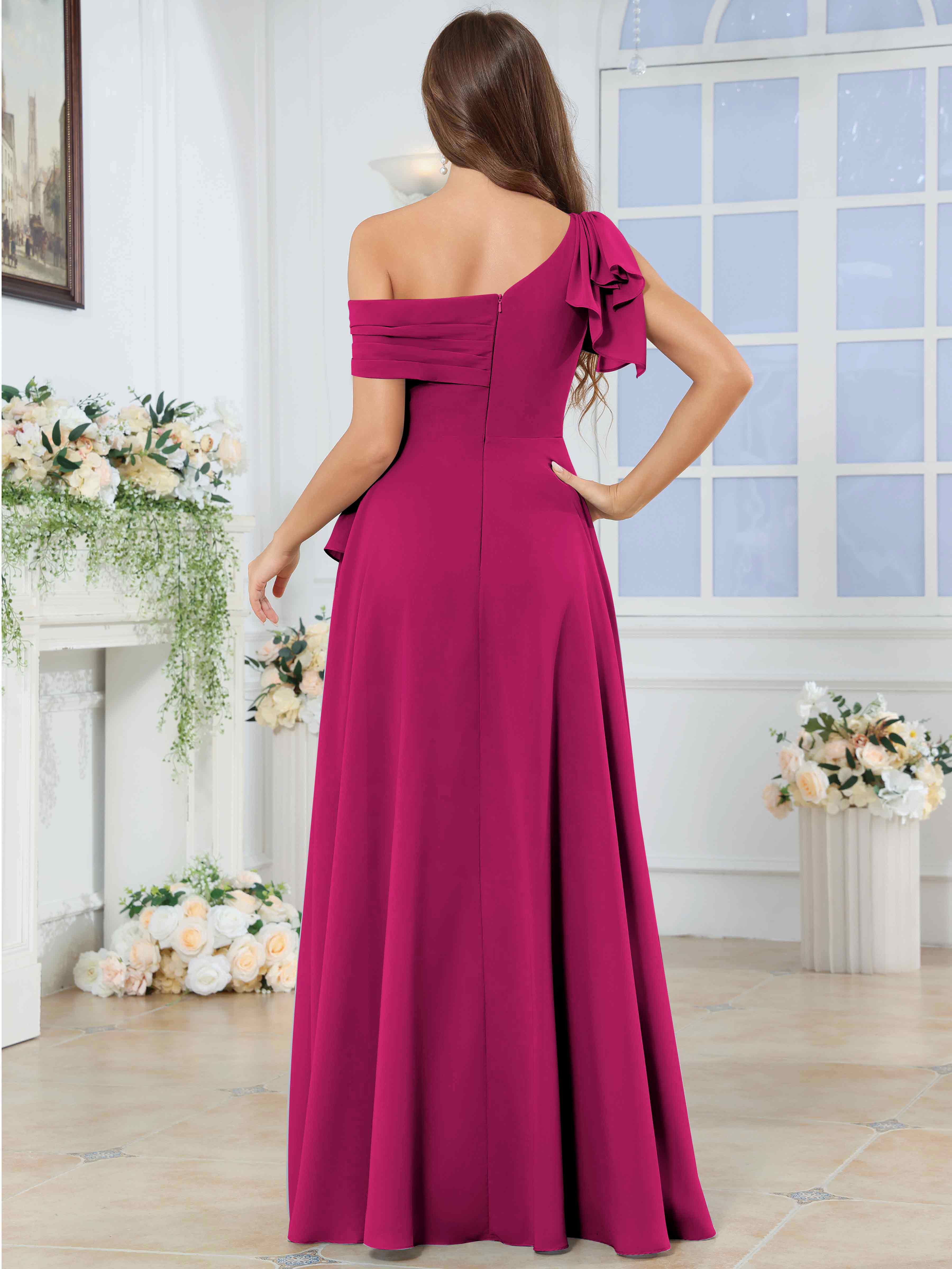 ROVDESY One Shoulder Pleated Ruffle Chiffon Bridesmaid Dress With Slit
