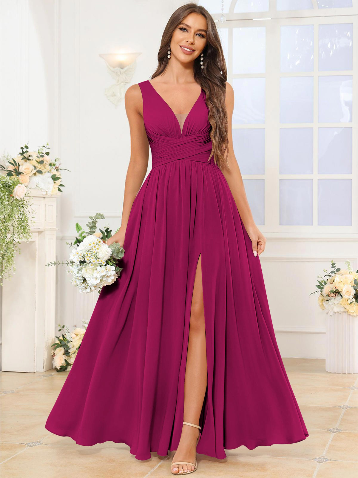 V Neck Chiffon A Line Bridesmaid Dress with Slit