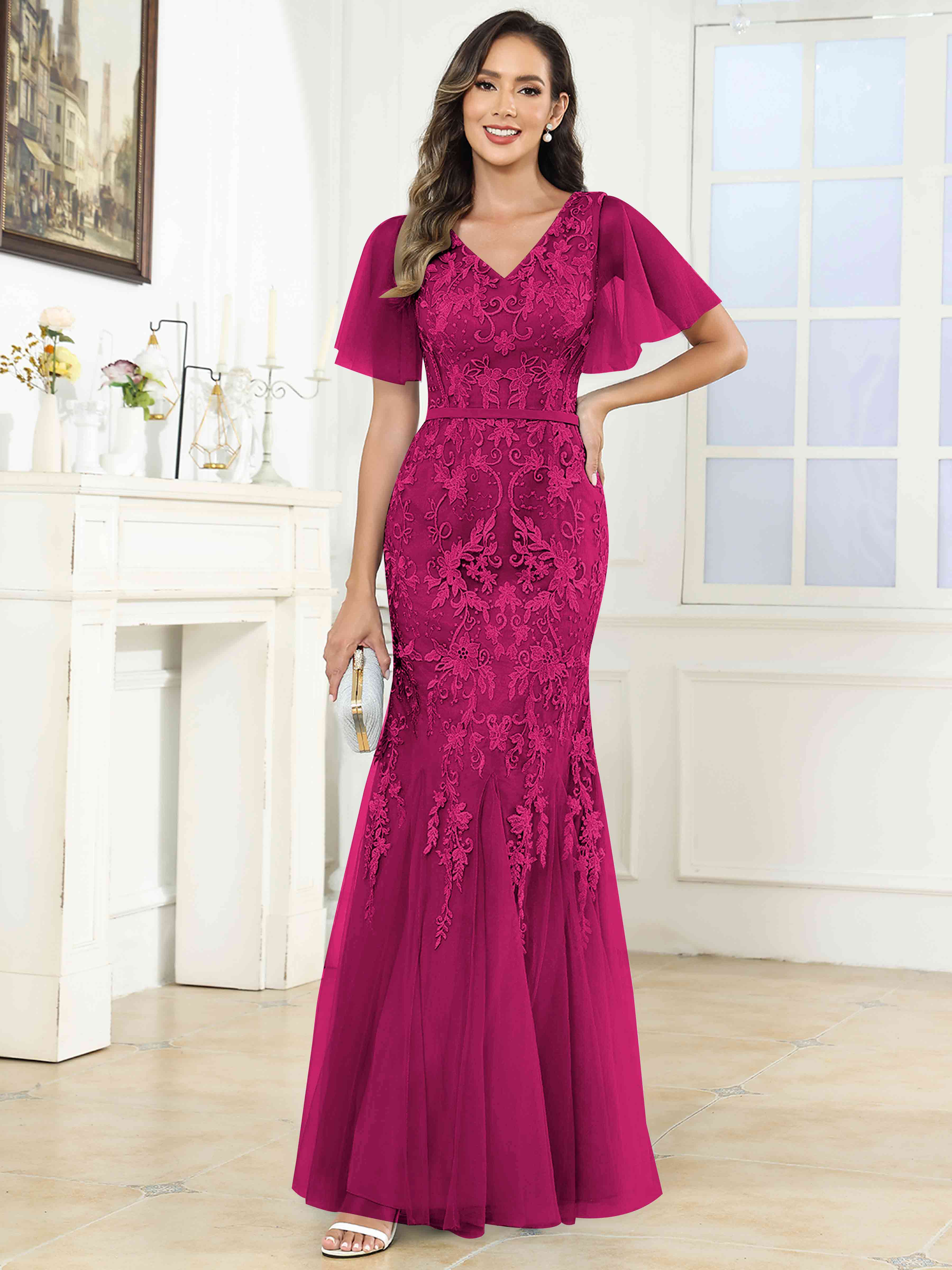 ROVDESY Elegant V-Neck Lace Mermaid Long Mother Of The Bride Dress Formal Gown With Sleeves