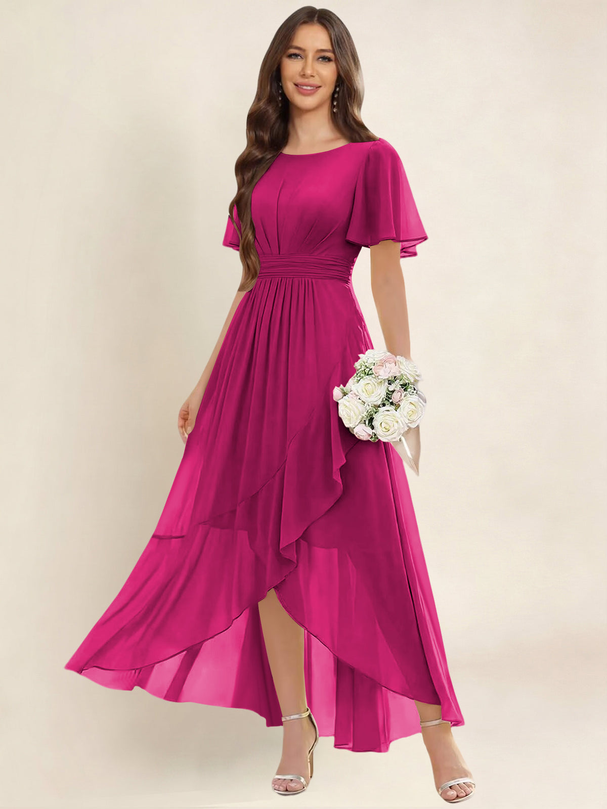 ROVDESY A-Line High Low Round Neck Pleated Ruffle Chiffon Bridesmaid Dress With Short Sleeves