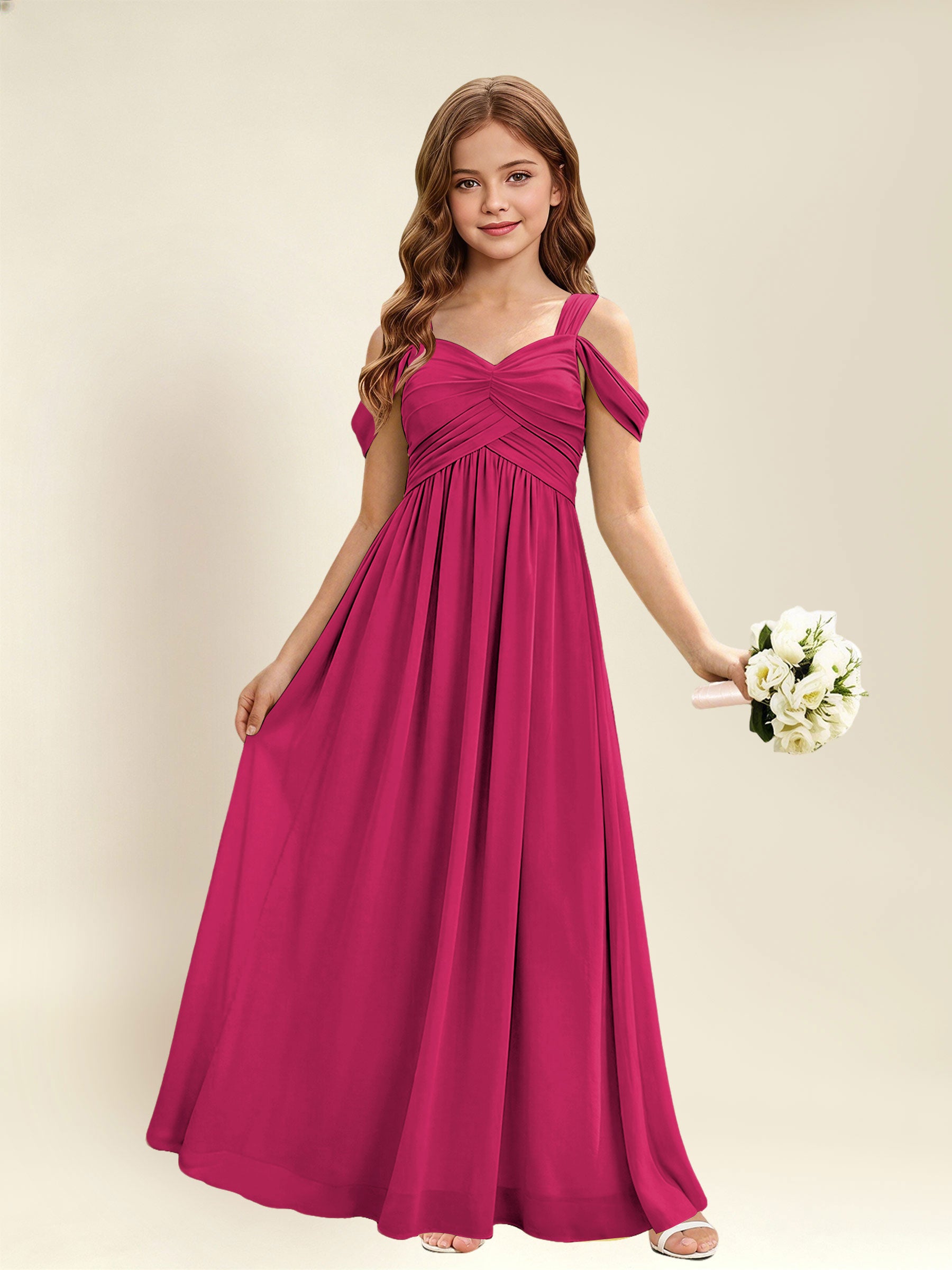 ROVDESY A-Line Off The Shoulder Pleated Chiffon Junior Bridesmaid Dress