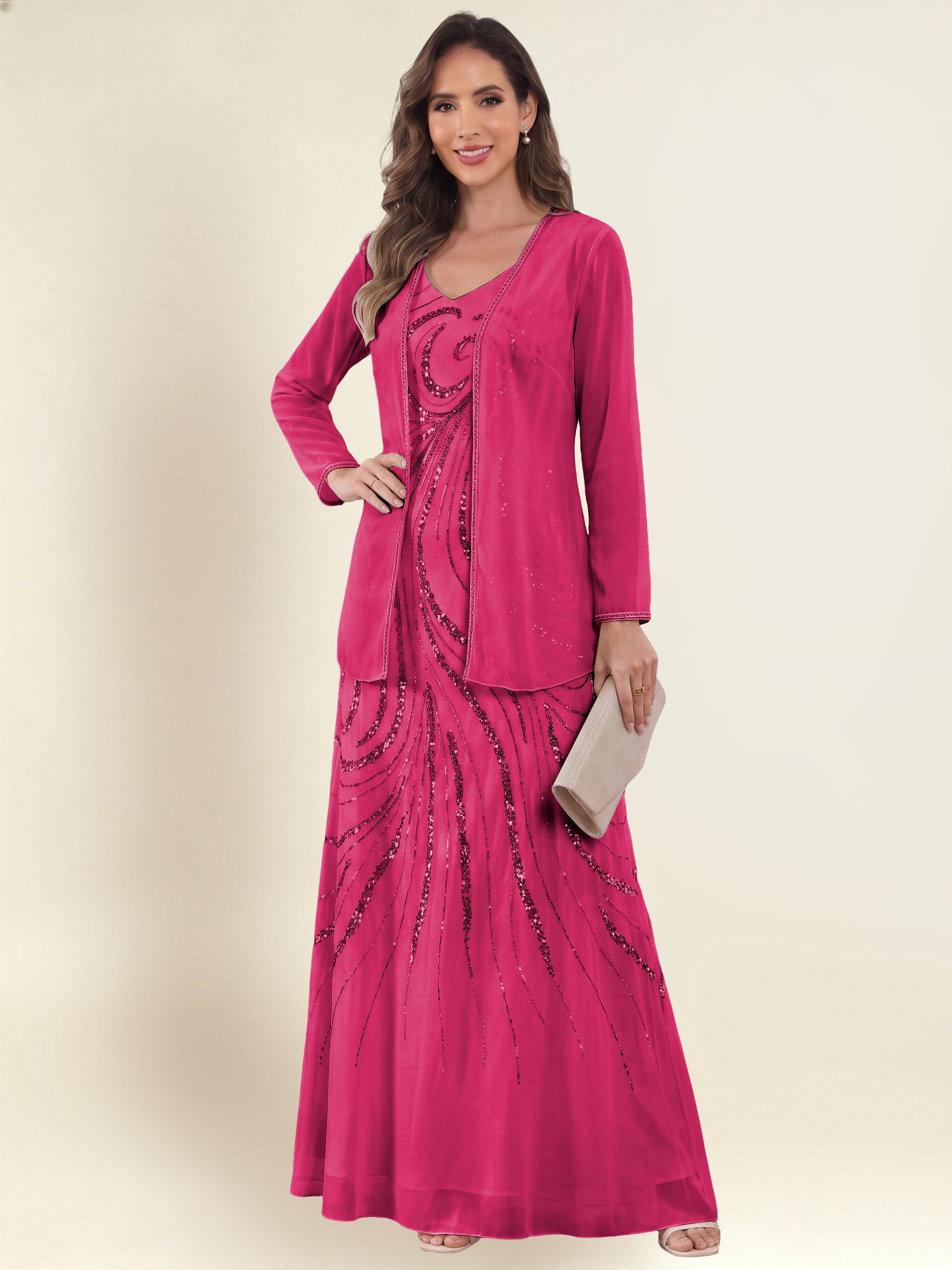 ROVDESY 2 Pieces V-Neck Sequin Chiffon Long Mother Of The Bride Dress With Long Sleeve Jacket