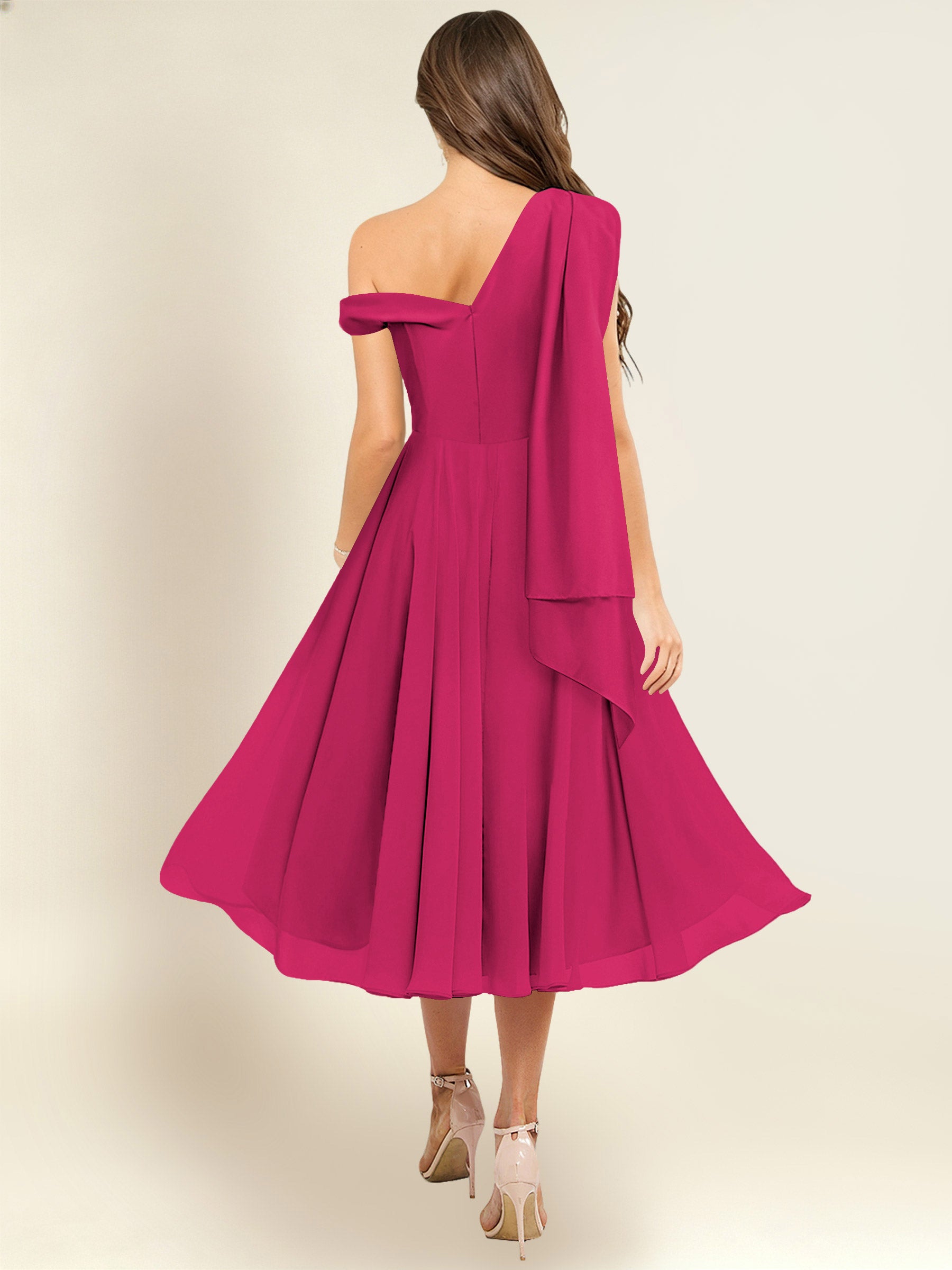 ROVDESY A-Line One Shoulder Pleated Chiffon Bridesmaid Dress With Flowing Sash