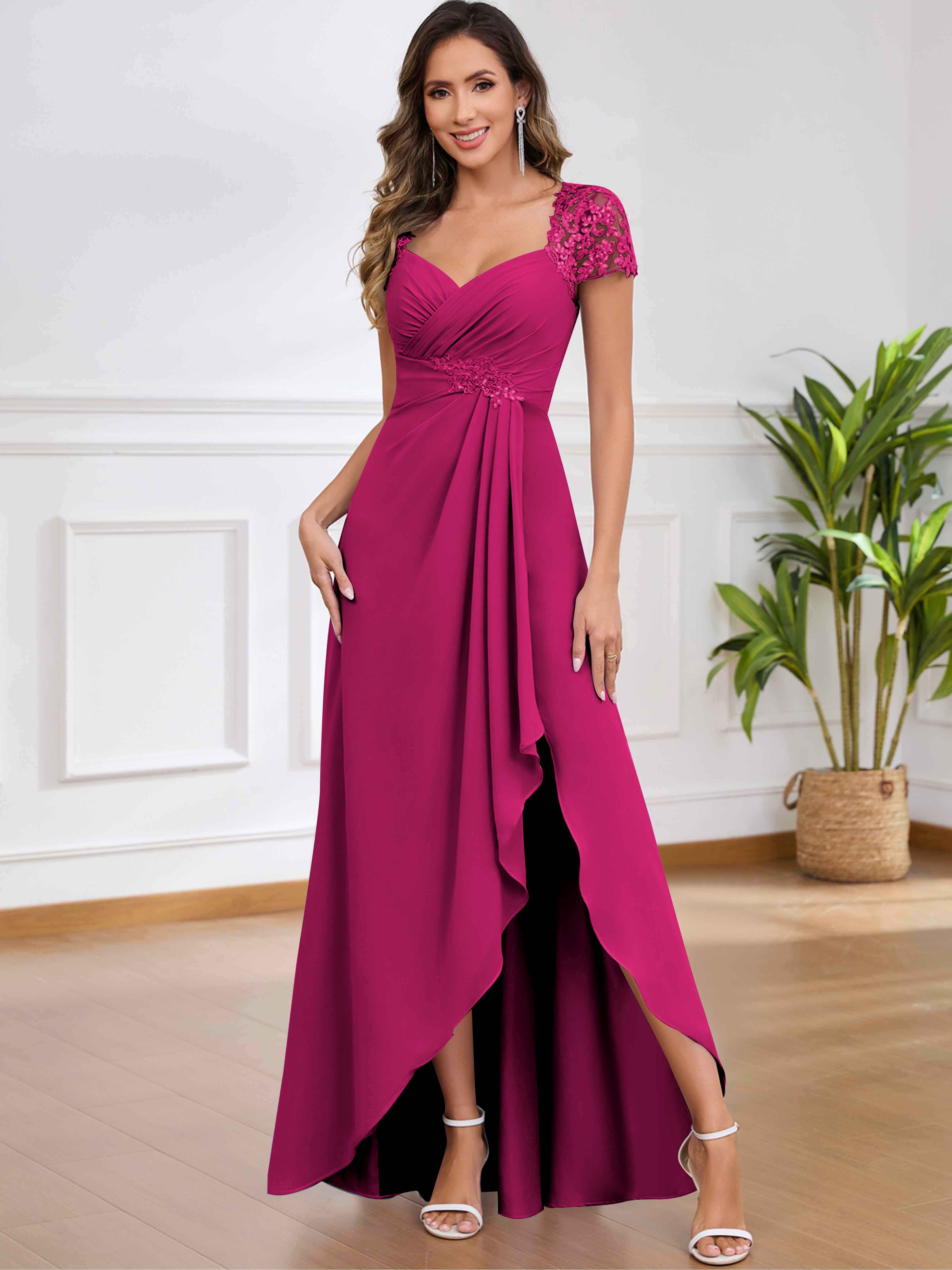 ROVDESY A-Line Pleated Lace Sequin Ruffle Chiffon Mother Of The Bride Dress With Slit