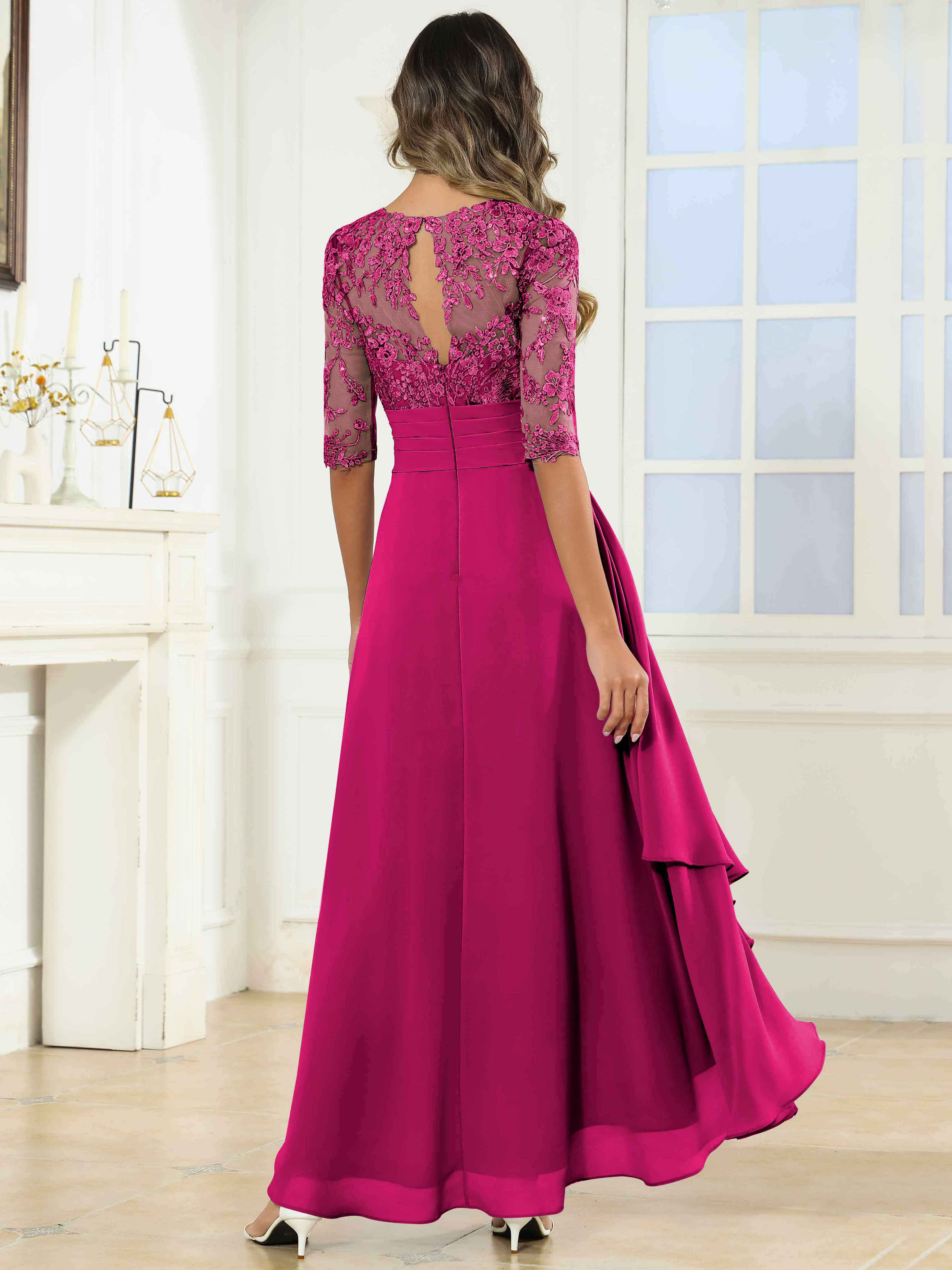 ROVDESY Tea Length A-Line Lace Chiffon Mother Of The Bride Dress With Half Sleeves