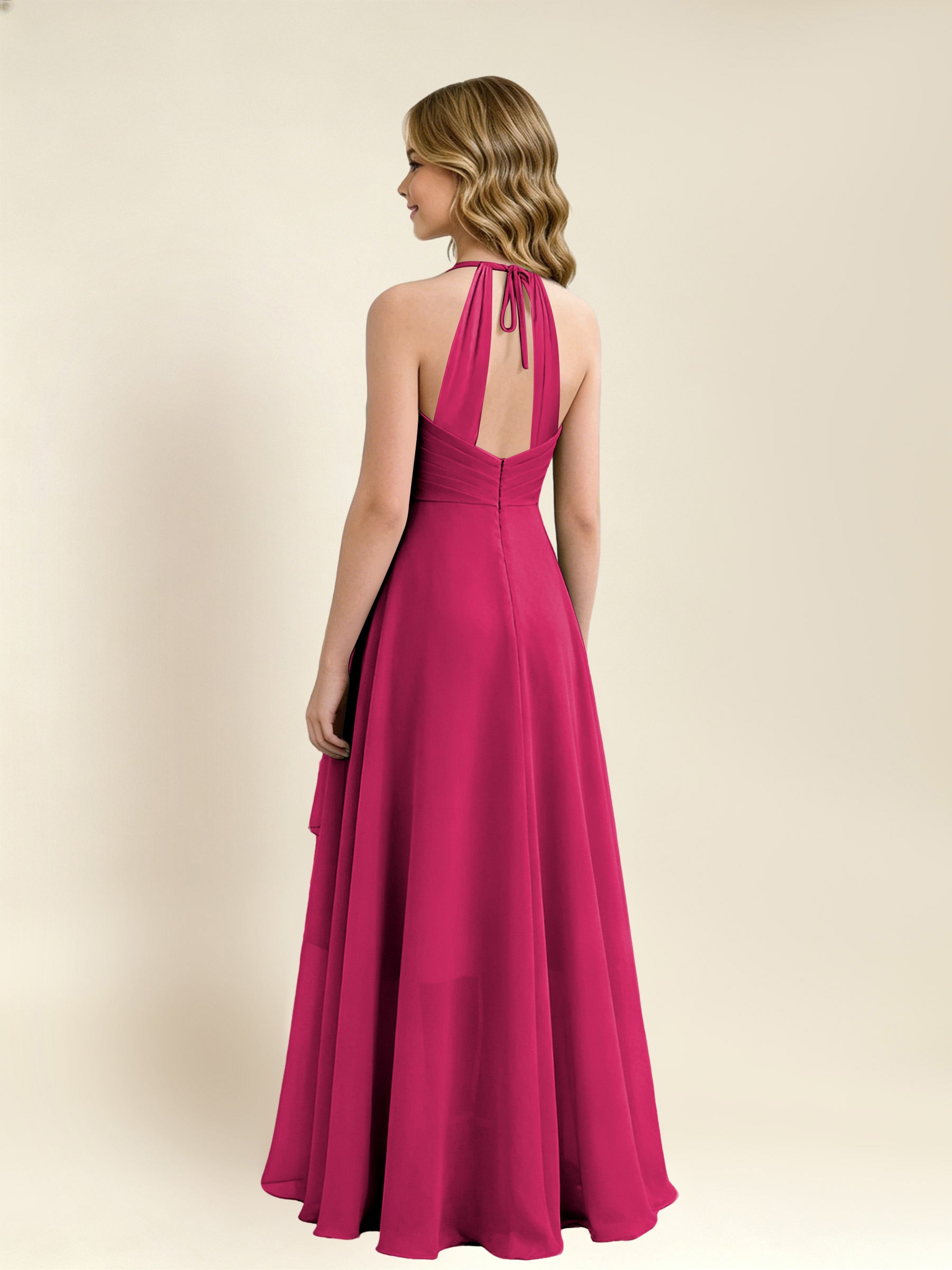 ROVDESY A-Line Halter Pleated Chiffon Junior Bridesmaid Dress