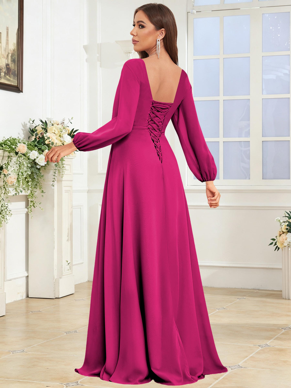V Neck Chiffon Long Sleeve Bridesmaid Dresses with Slit