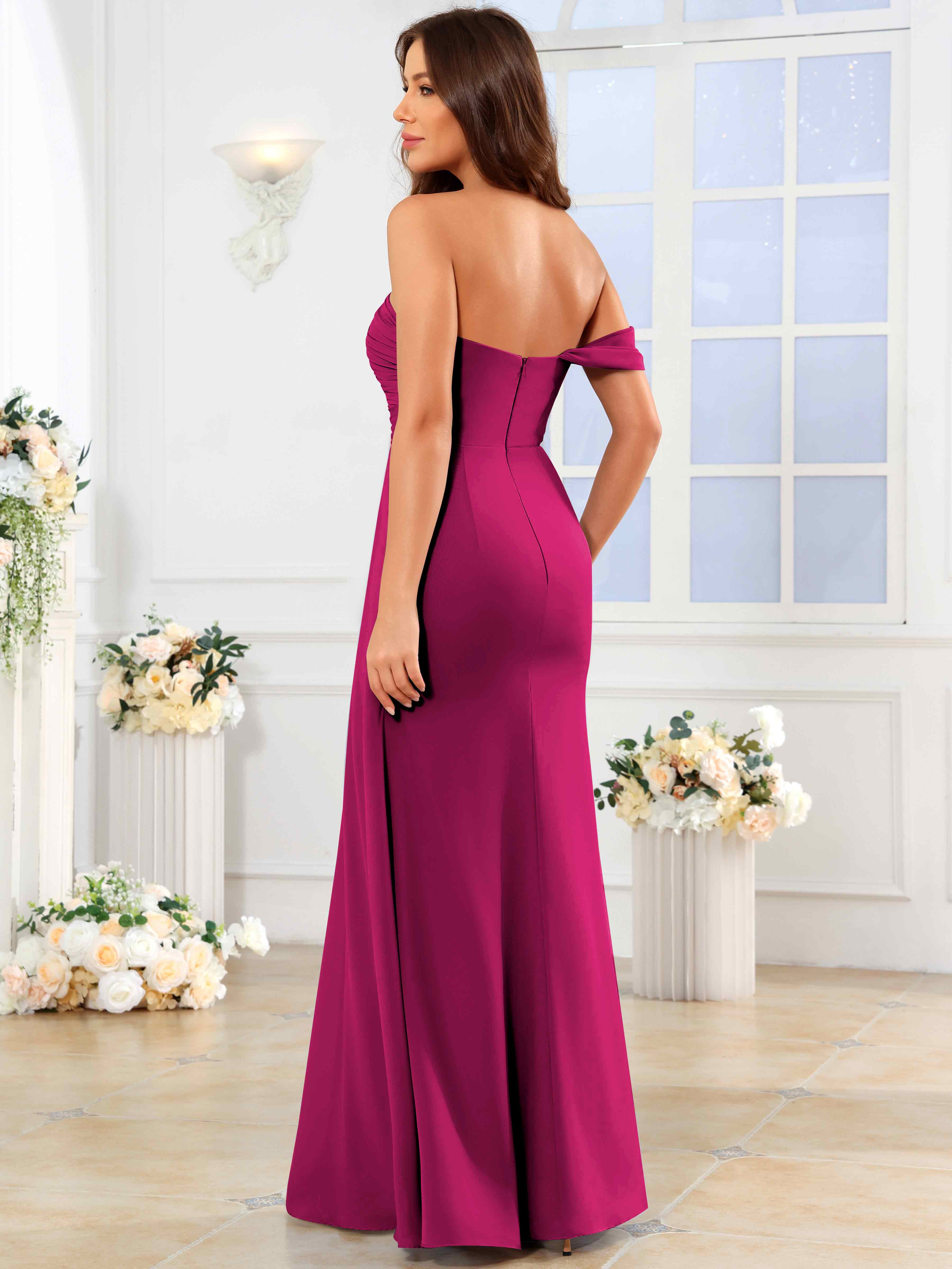 ROVDESY One Shoulder Off The Shoulder Pleated Chiffon Bridesmaid Dress