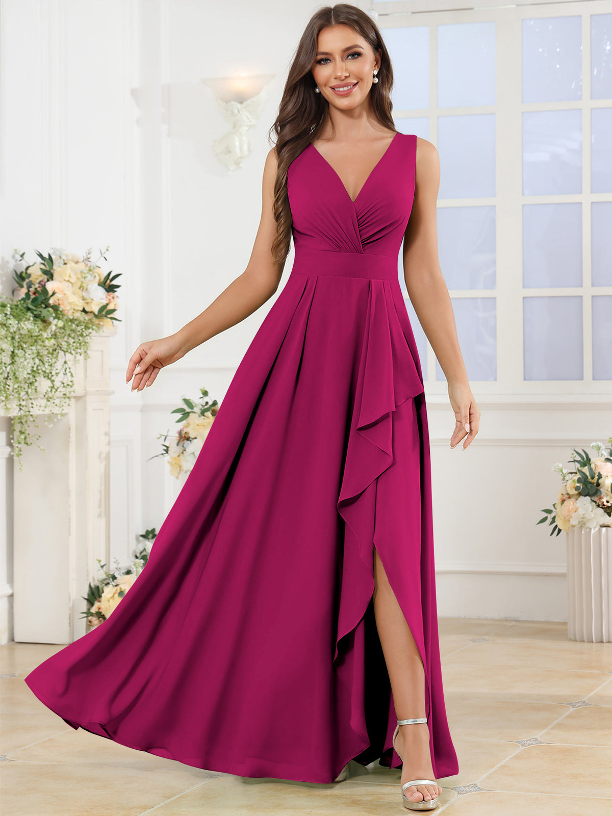 V Neck Chiffon A Line Ruffle Bridesmaid Dress with Slit