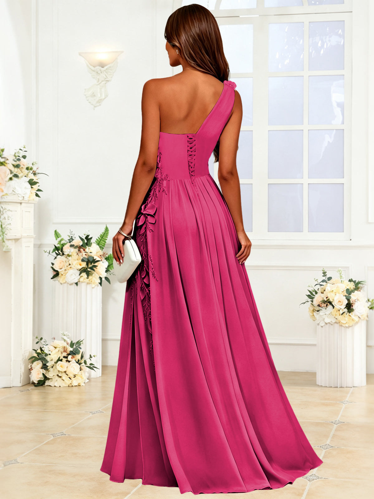One Shoulder 3D Flower Chiffon Bridesmaid Dress with Slit