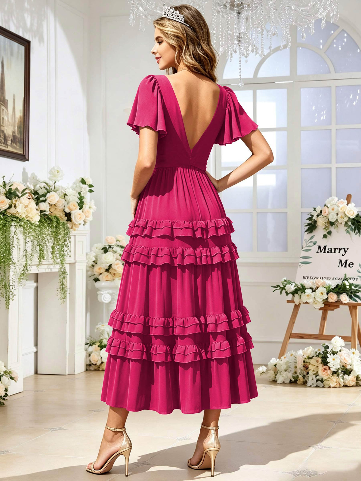 A Line Chiffon Pleated Bridesmaid Dress with Sleeves