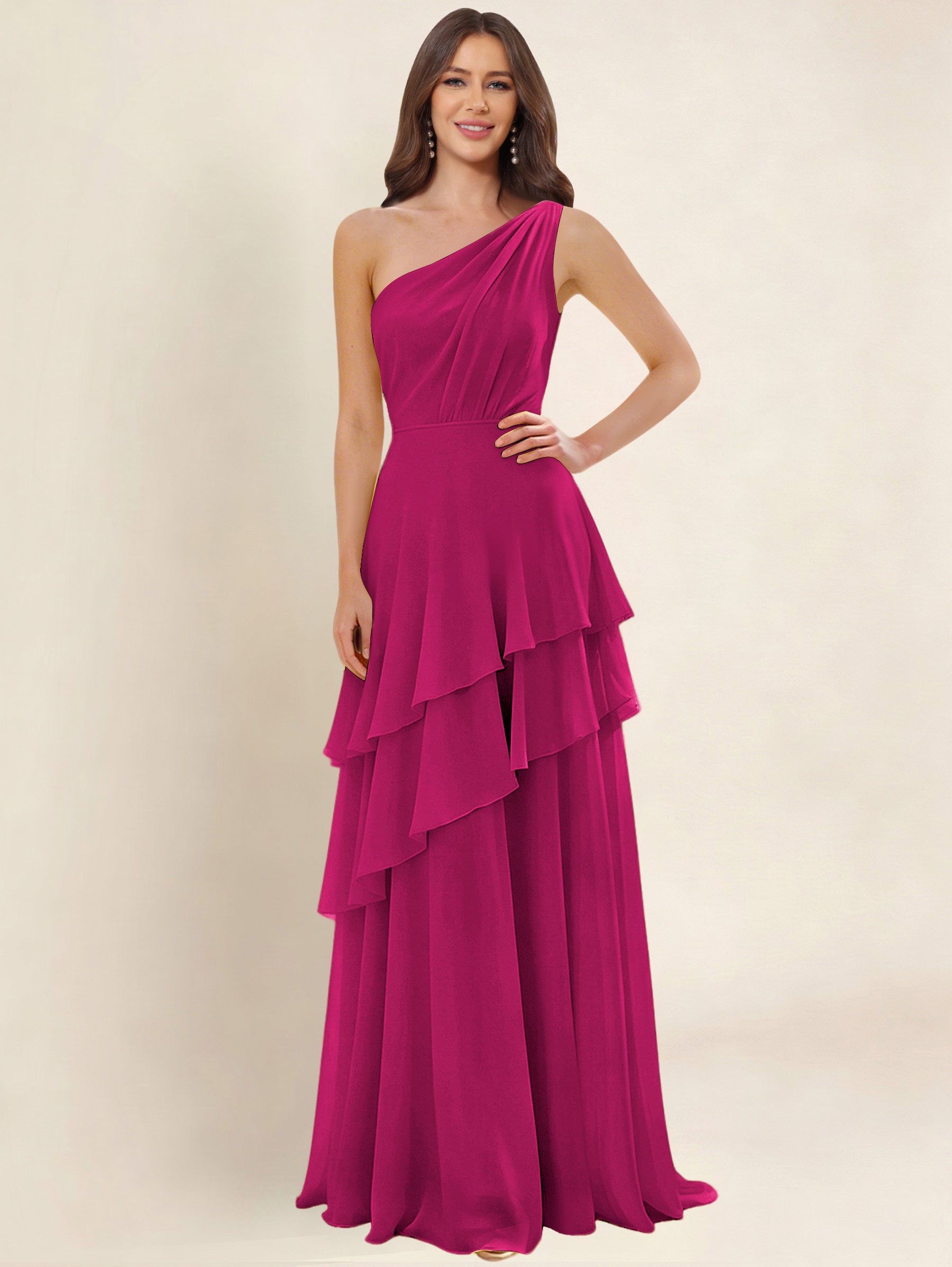 ROVDESY A-Line One Shoulder Pleated Tiered Chiffon Bridesmaid Dress