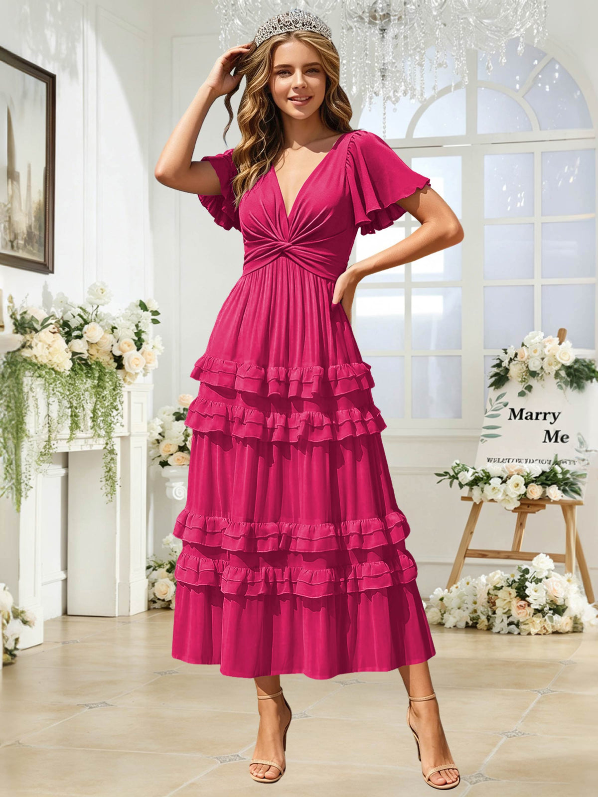 A Line Chiffon Pleated Bridesmaid Dress with Sleeves