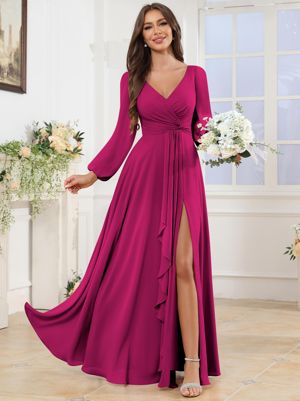 V Neck Chiffon Long Sleeve Bridesmaid Dresses with Slit